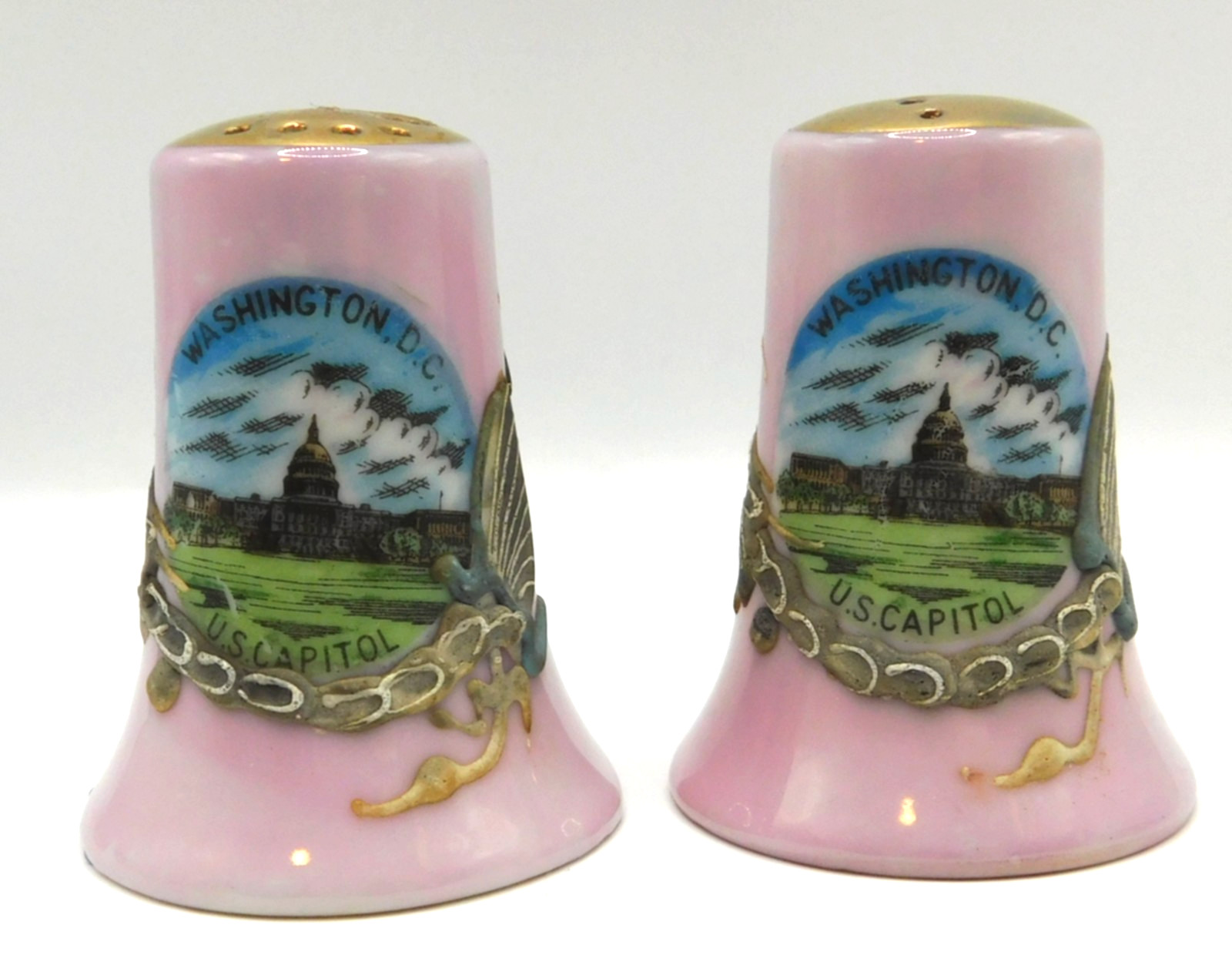 Vintage Pink Dragonware Handpainted Porcelain Washington D.C. Shakers