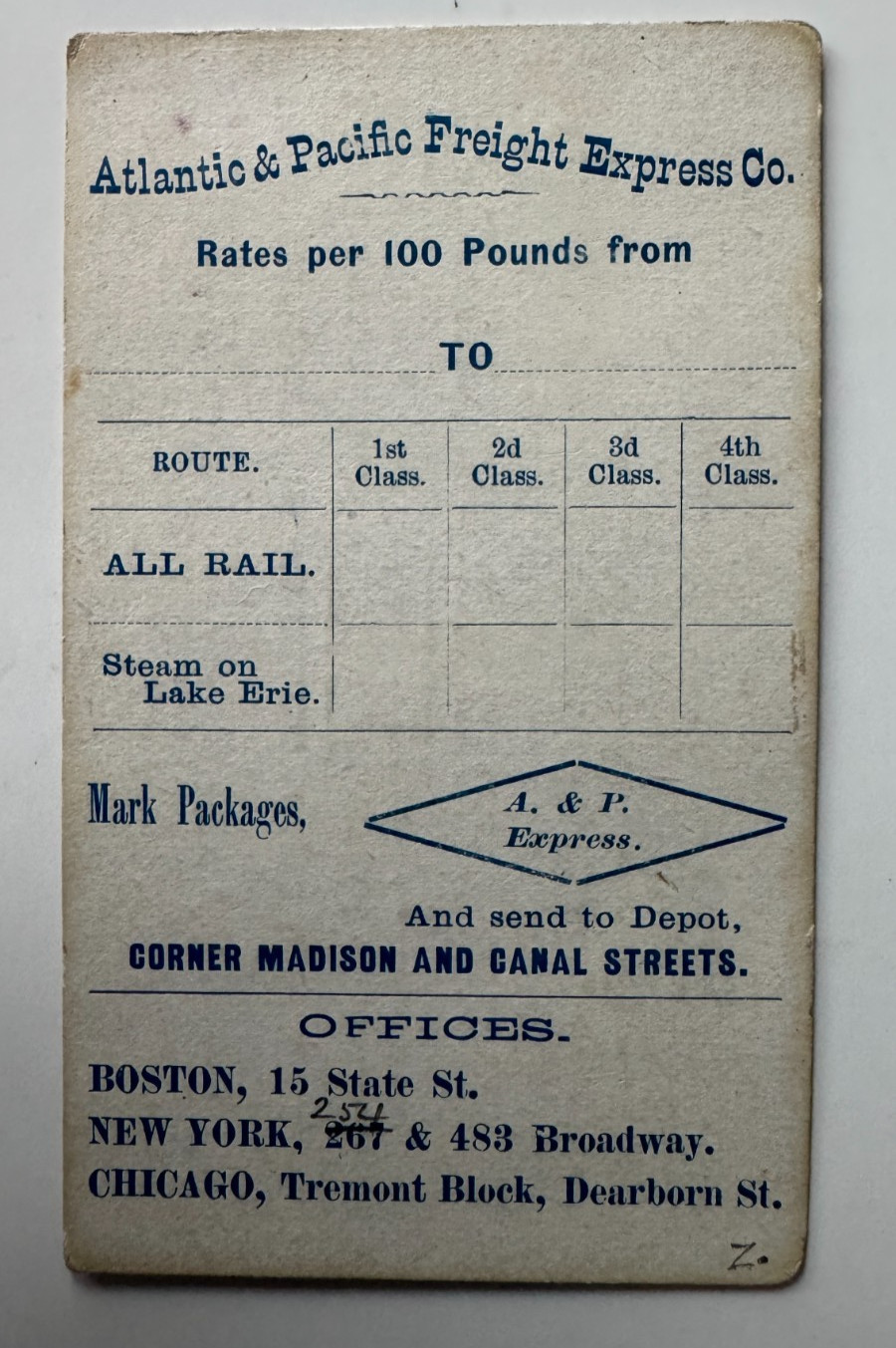 ca 1800s Atlantic & Pacific Freight Express Co Rate Quotes Card RR steamship