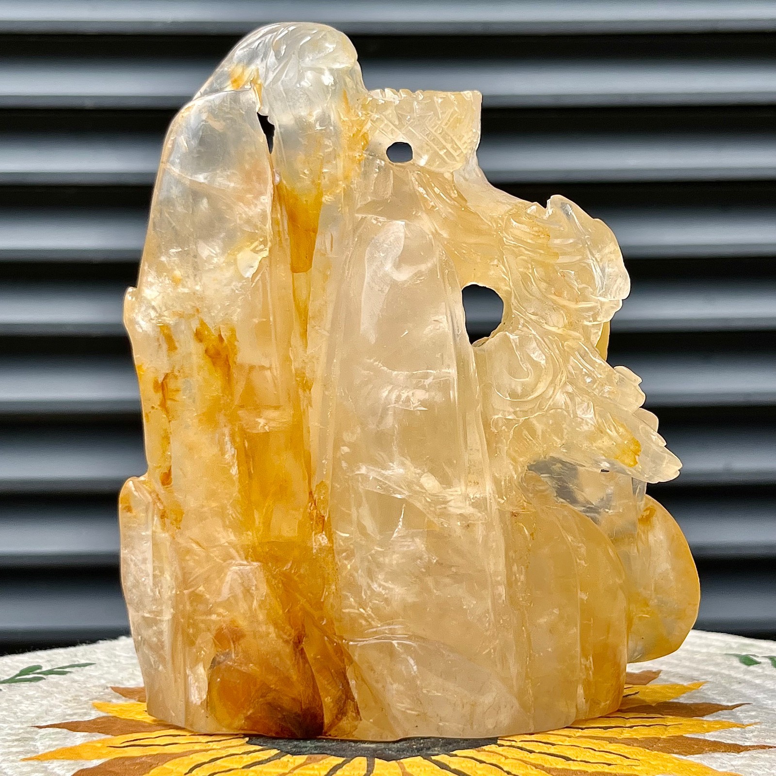 3.3 lb  White Quartz Crystal Yellow Gel Flower Style Carved Decorative Sculpture