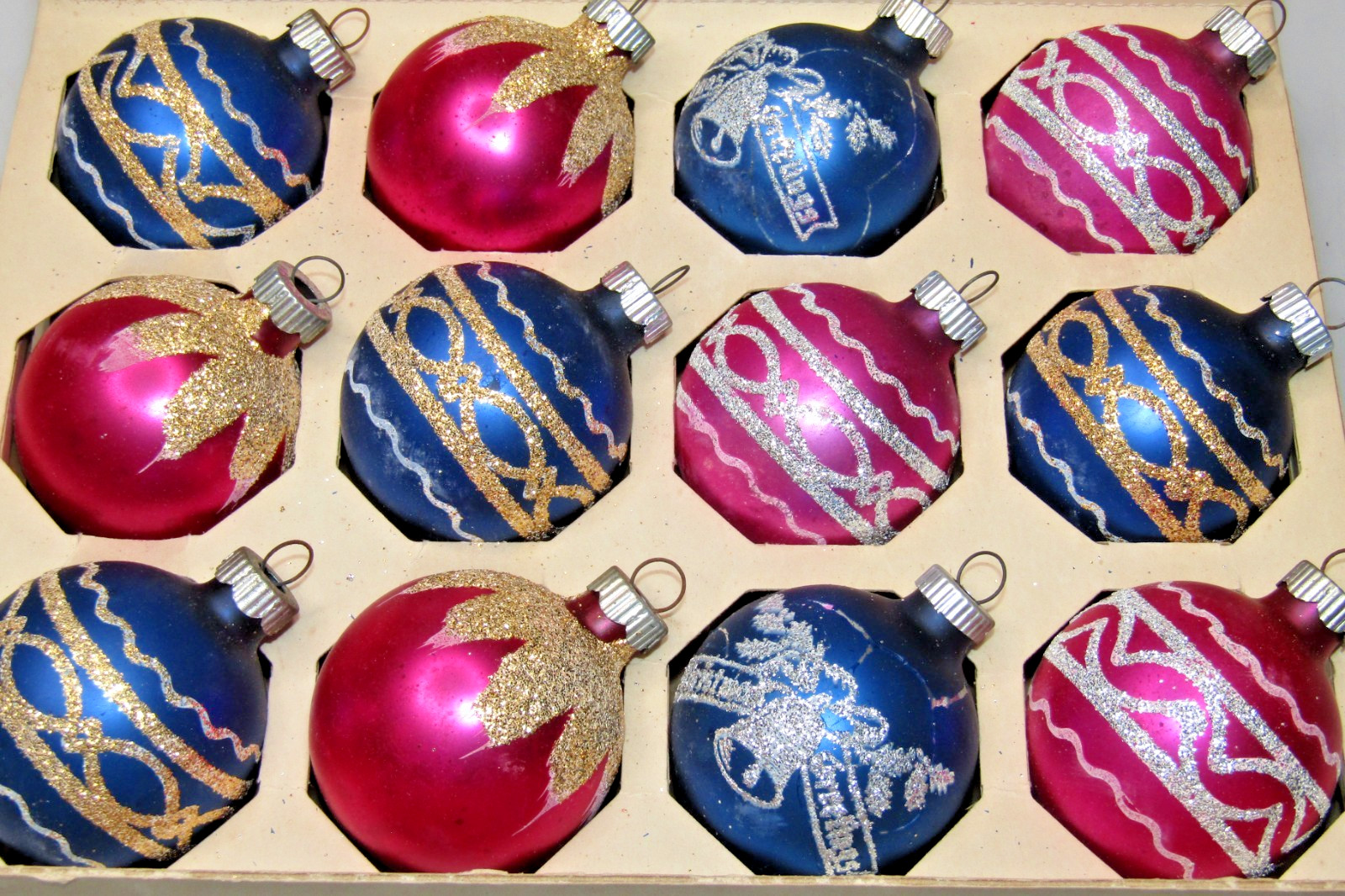 Lot Vintage Glass Glitter GREETING SNOW CAP BALL Christmas Ornaments Shiny Brite