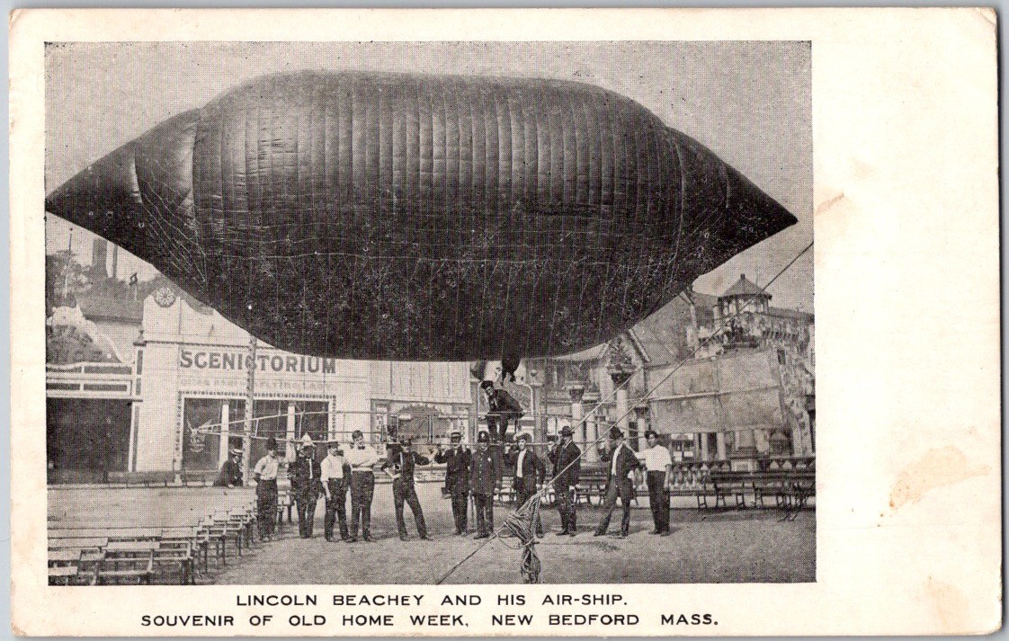 Antique 1907 Postcard Lincoln Beachey & His Air-Ship New Bedford MA Mass
