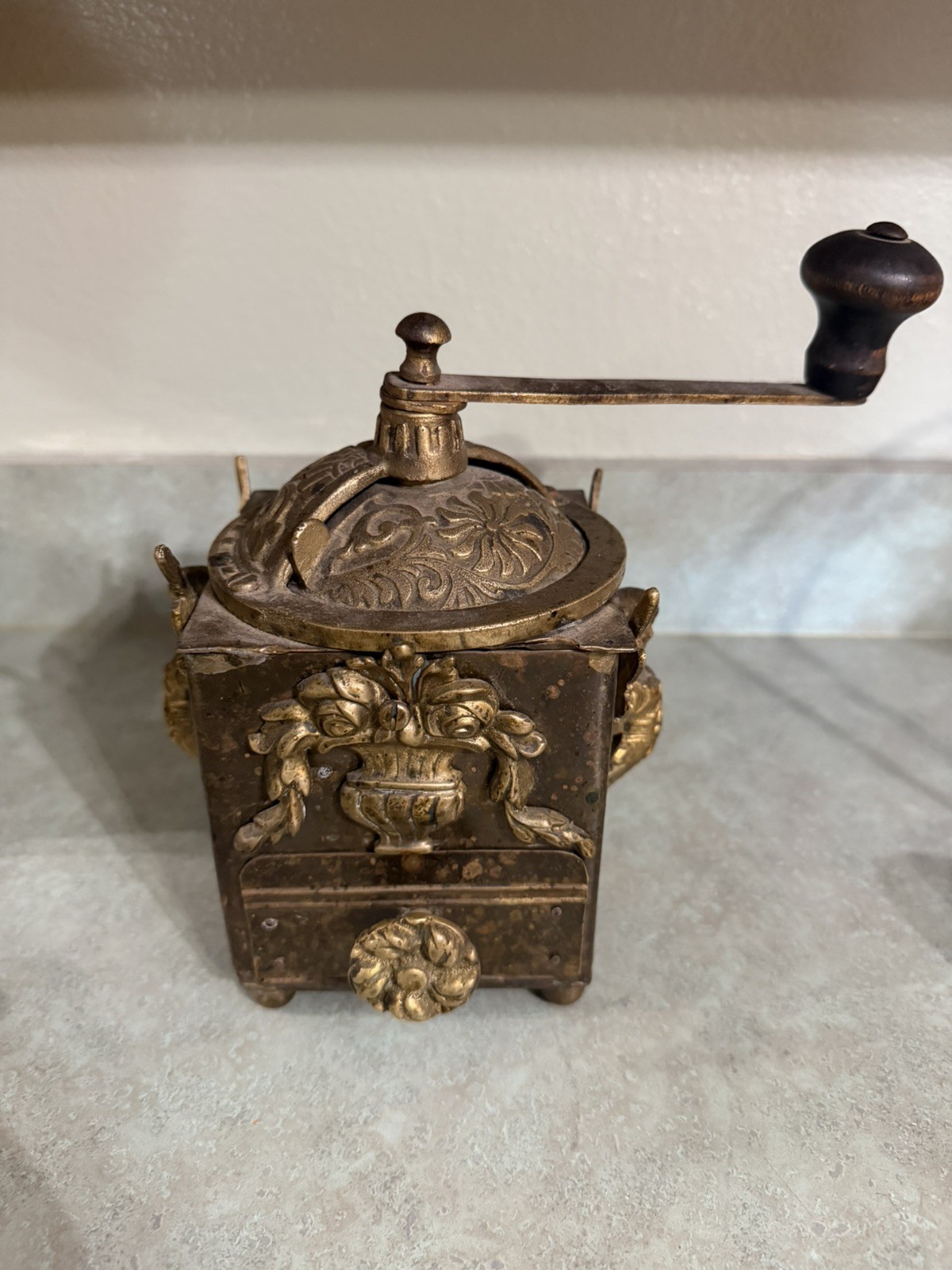 Antique French Coffee Grinder,  Spice grinder. Brass Valkyries, cherub, floral. 
