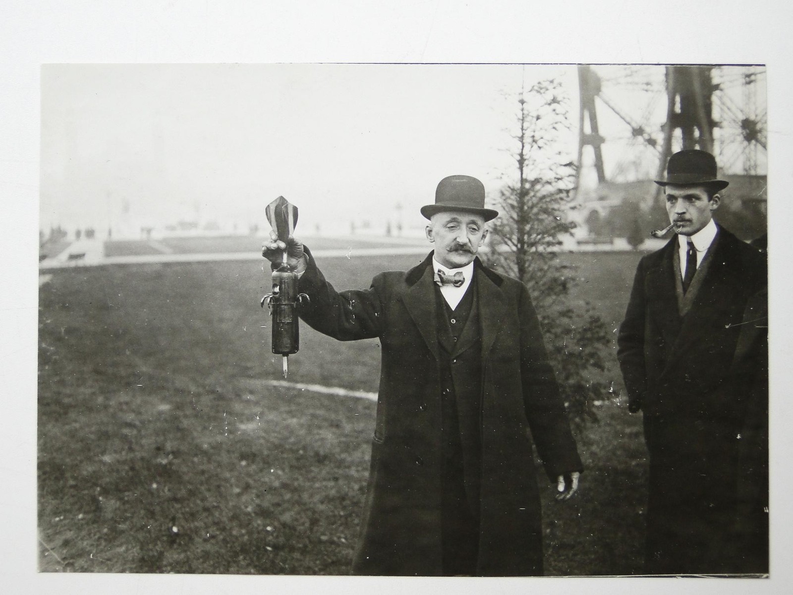 Aerial Bomb Projectile Aviation 2 Men Bowler Hats France c1910s Photo