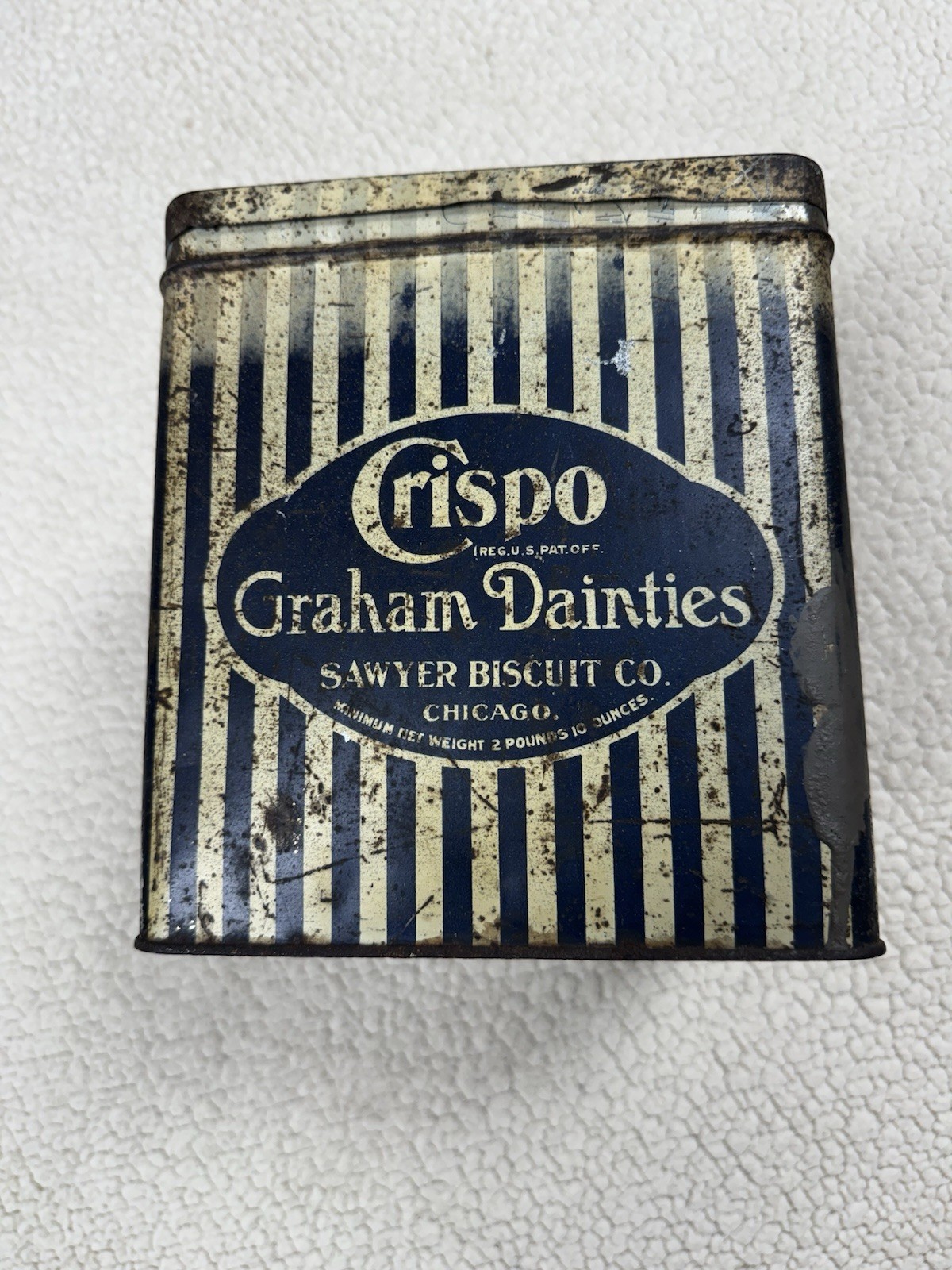 Vintage Crispo Graham Dainties Sawyer Biscuit Co. Tin Box Chicago Blue Stripe 8\ Vintage Crispo Graham Dainties Sawyer Biscuit Co. Tin Box Chicago Blue Stripe 8\