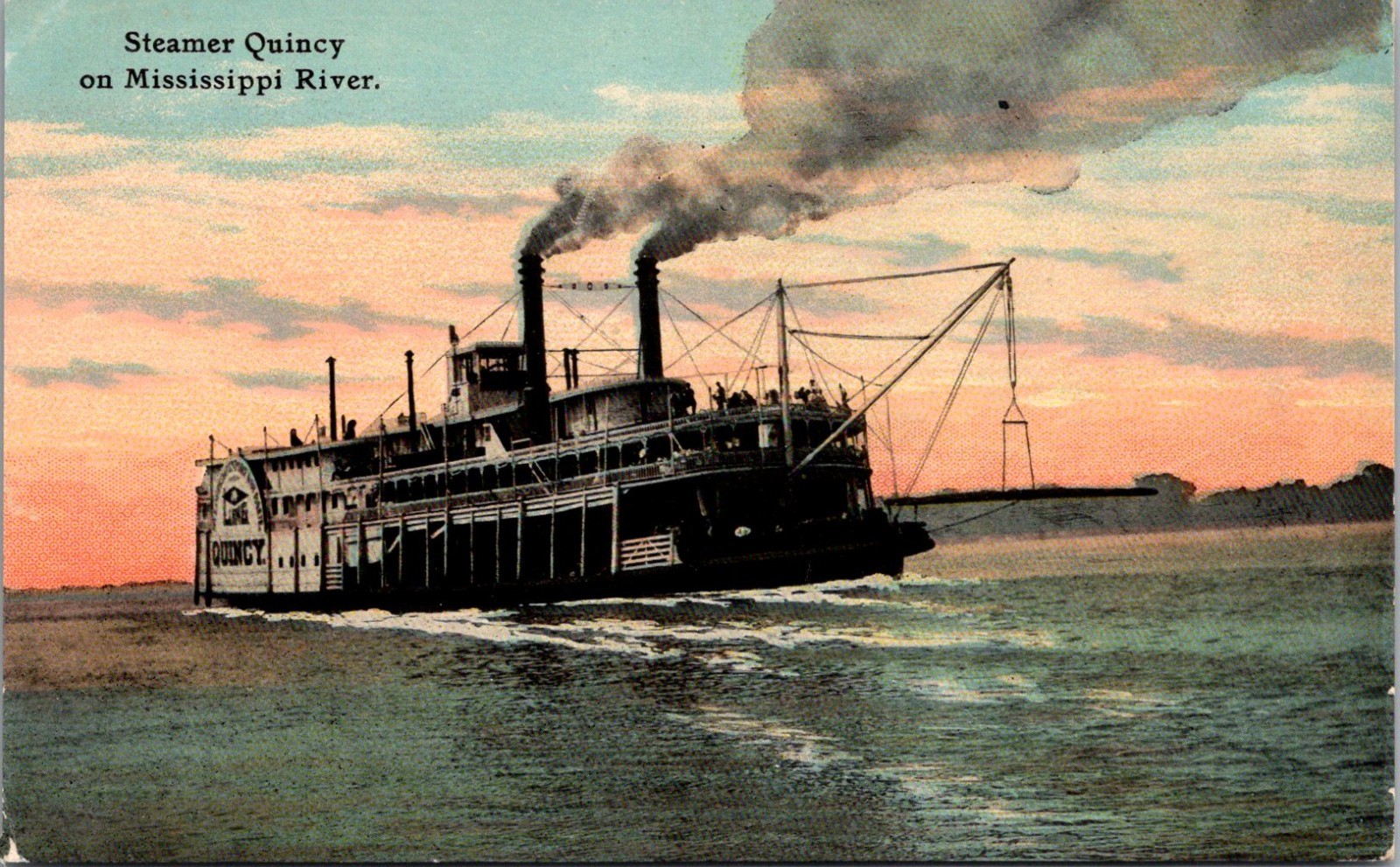 Antique 1910s Steamer Quincy on Mississippi River Postcard - Diamond Jo Line