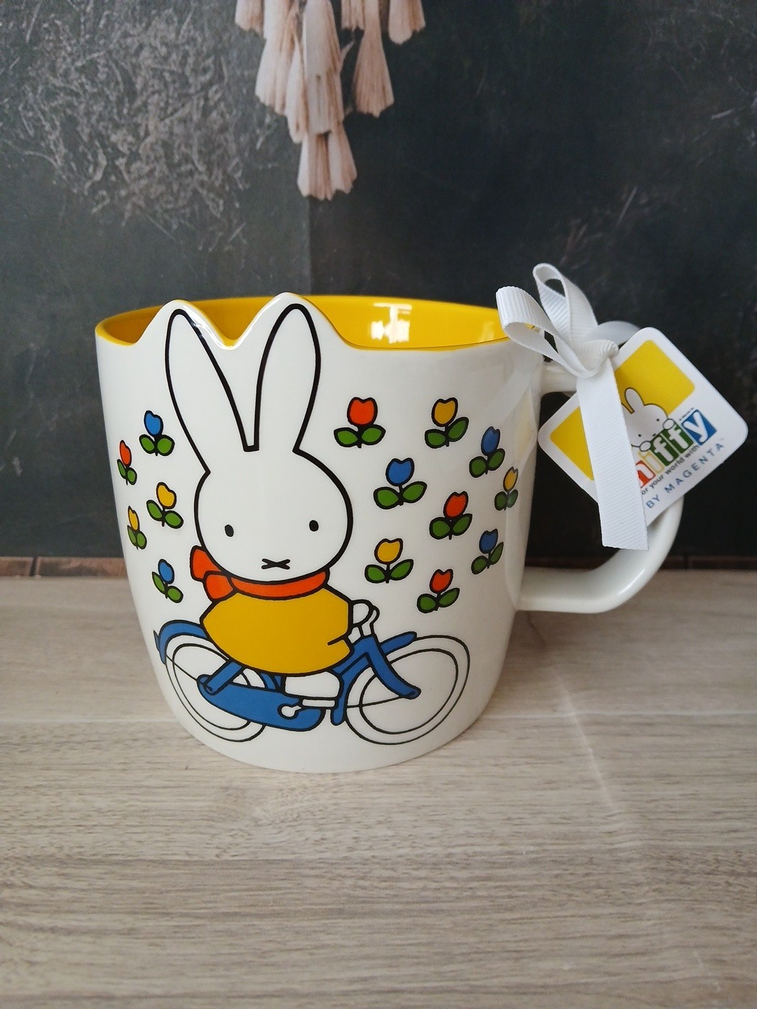 Miffy Mug Magenta Large Coffe Cup Blue Bicycle Yellow Ceramic New With Tags