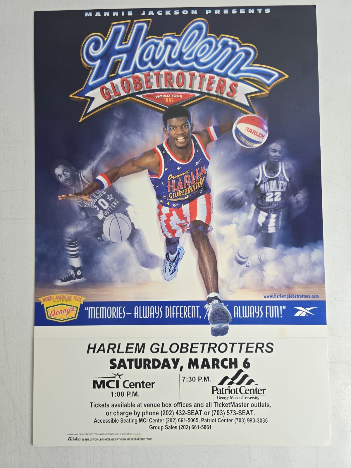 1999 Vintage Harlem Globetrotters Poster MCI Center March 6 Display Board Rare