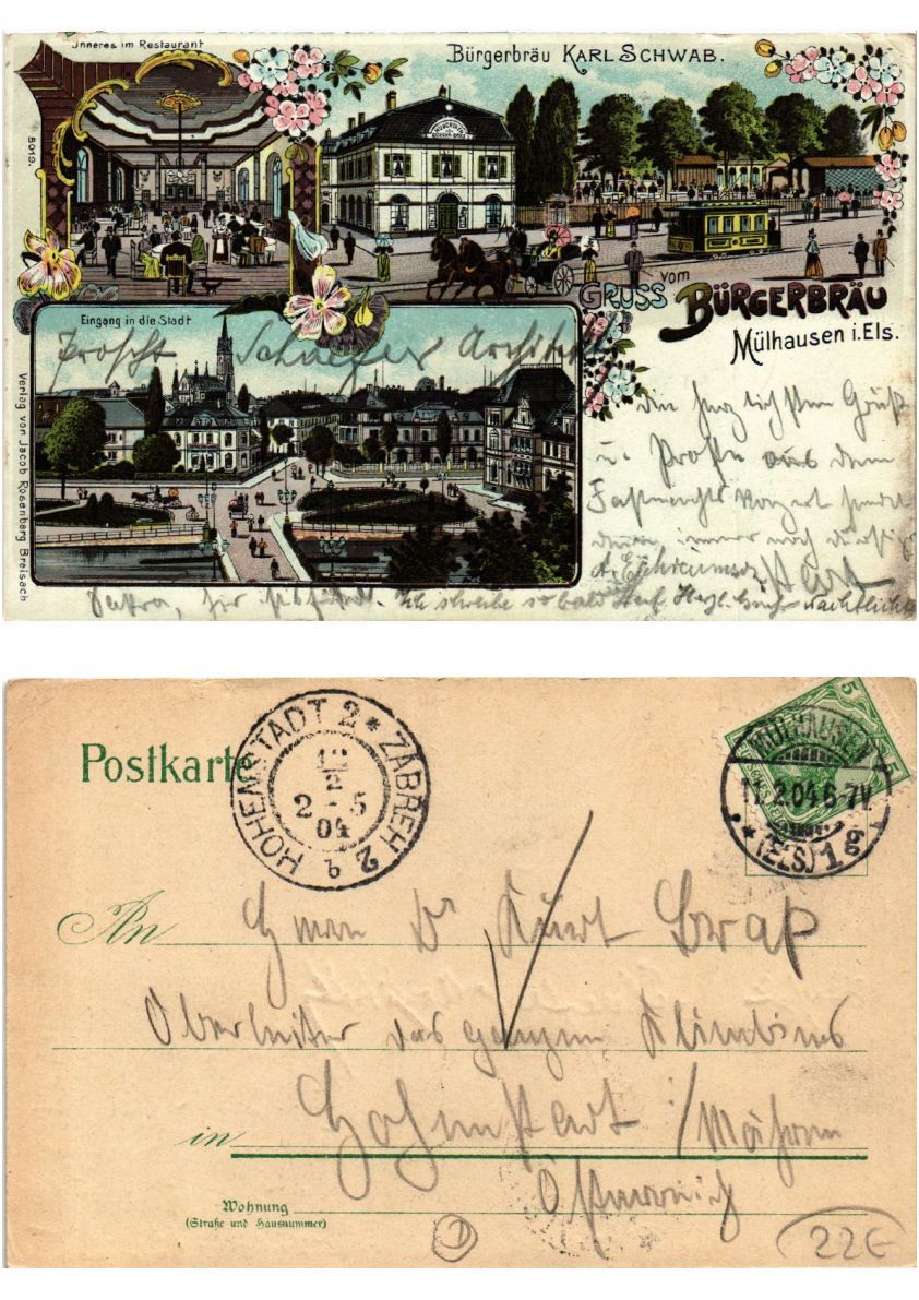 Old postcard AK LITHO greeting from the Citizen's BräU Mulhouse 1904. ALSACE (379105)