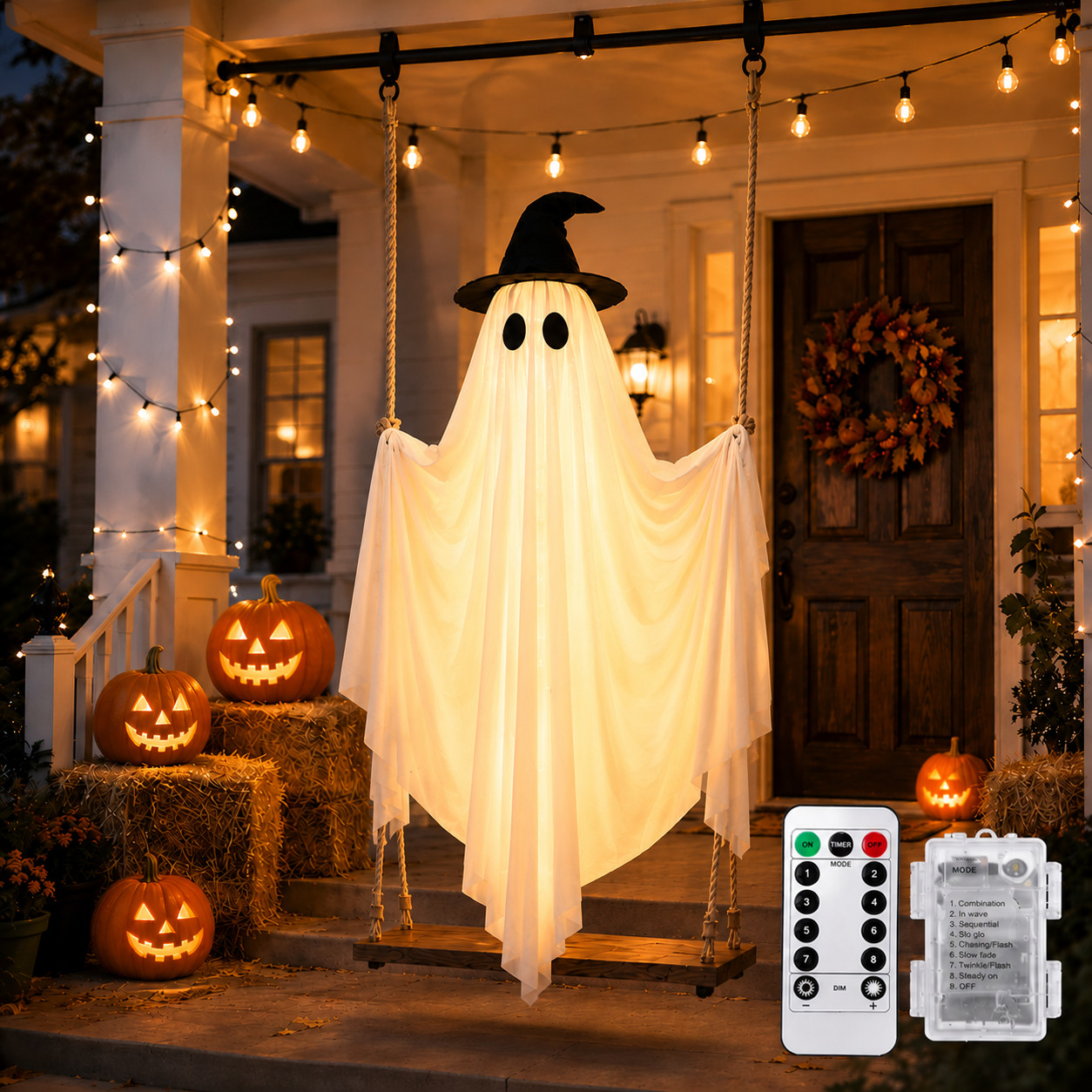5FT Halloween Hanging Ghost on Swing with Remote Lights, Outdoor Indoor Hallowee