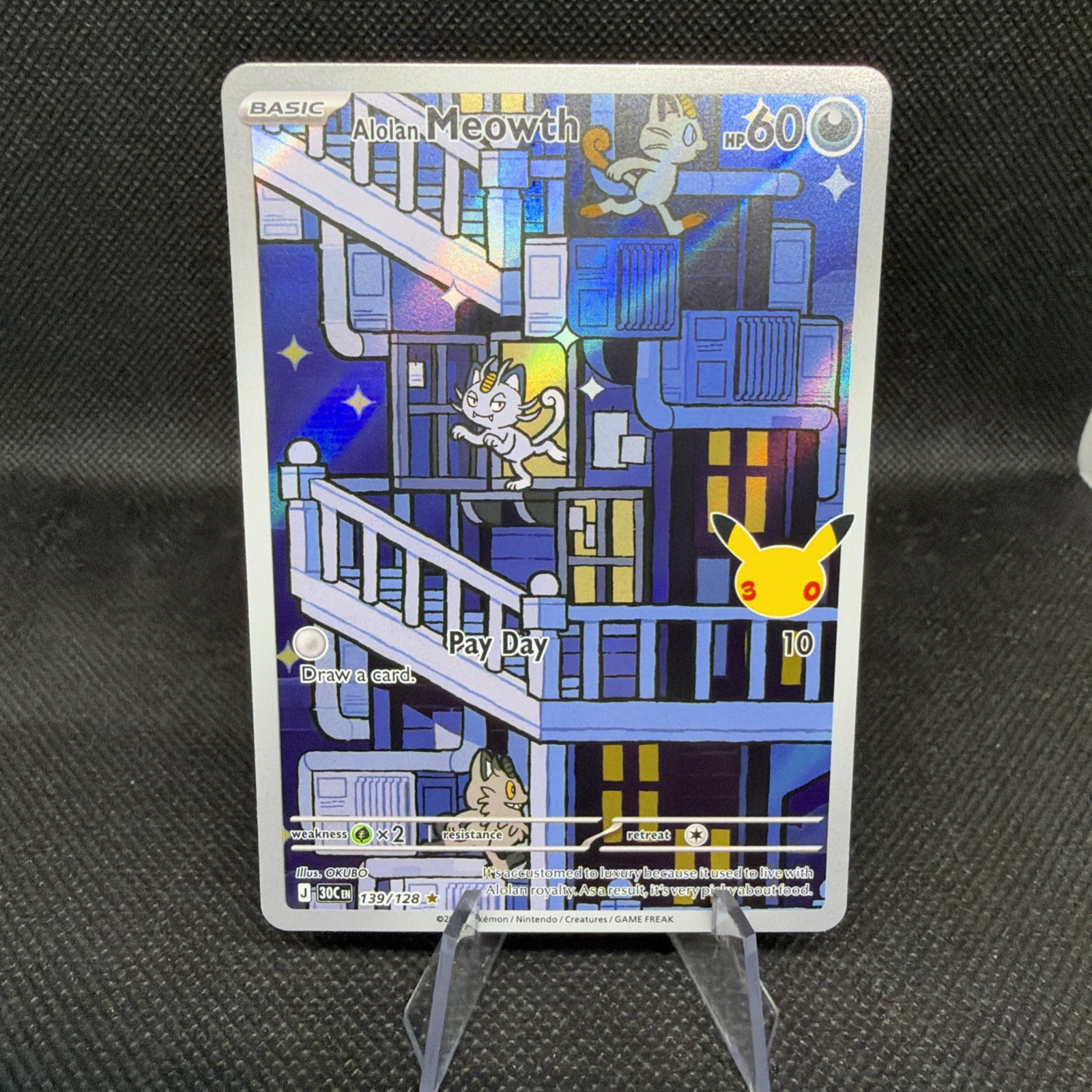 Pokémon TCG Alolan Meowth 139/128 30th Anniversary Illustration Rare Pack Fresh