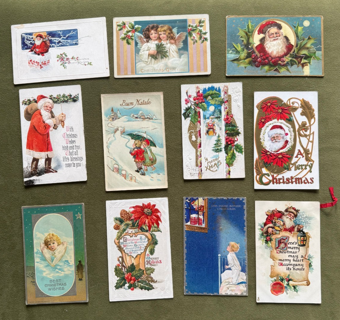 Lot 11 Antique Christmas Holiday Santa Toys Angel Gel Tuck Ribbon Postcards Lot 11 Antique Christmas Holiday Santa Toys Angel Gel Tuck Ribbon Postcards