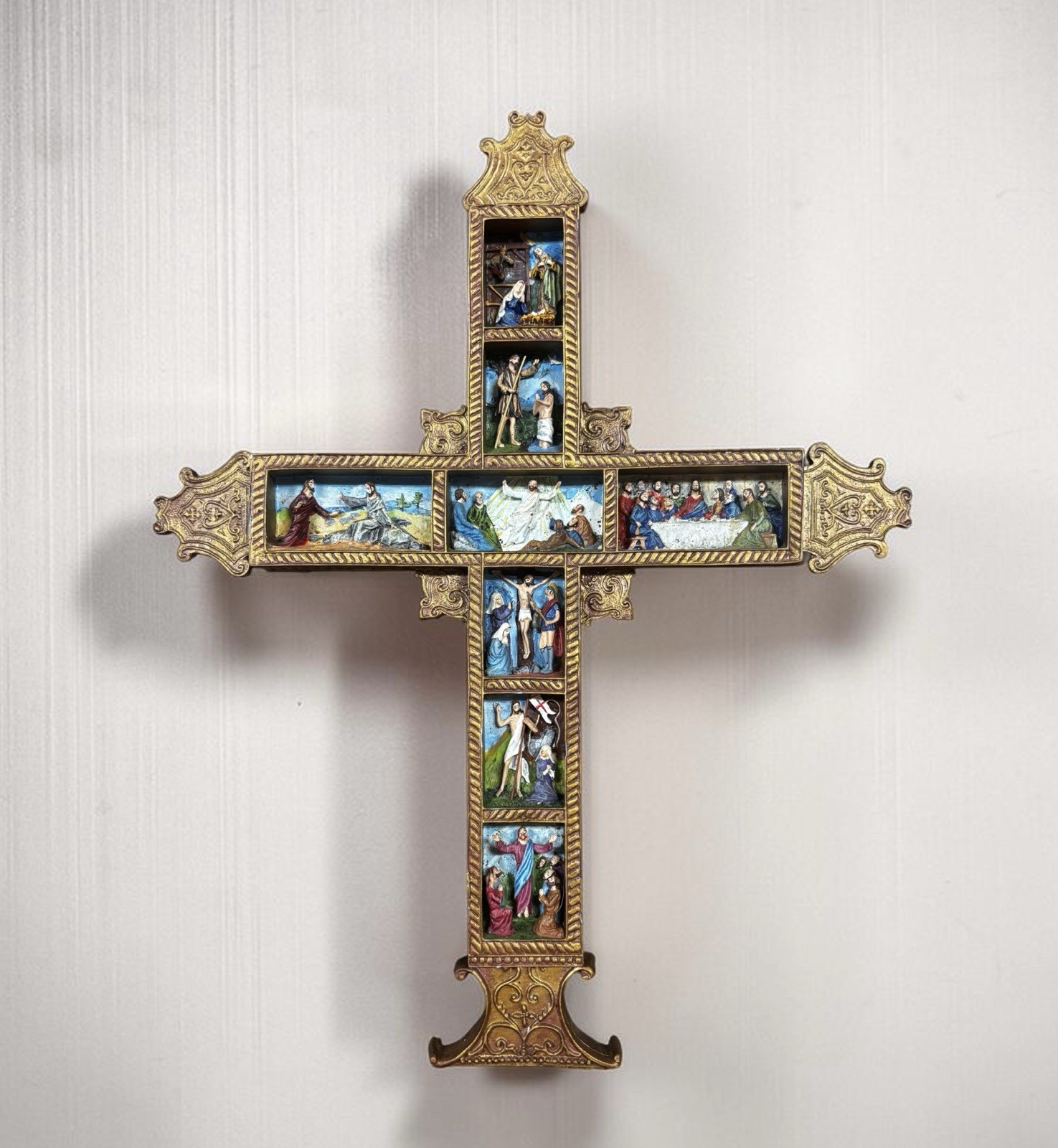 Vintage Ornate Cross 3D Polychrome Life of Christ Biblical Scenes Religious Art
