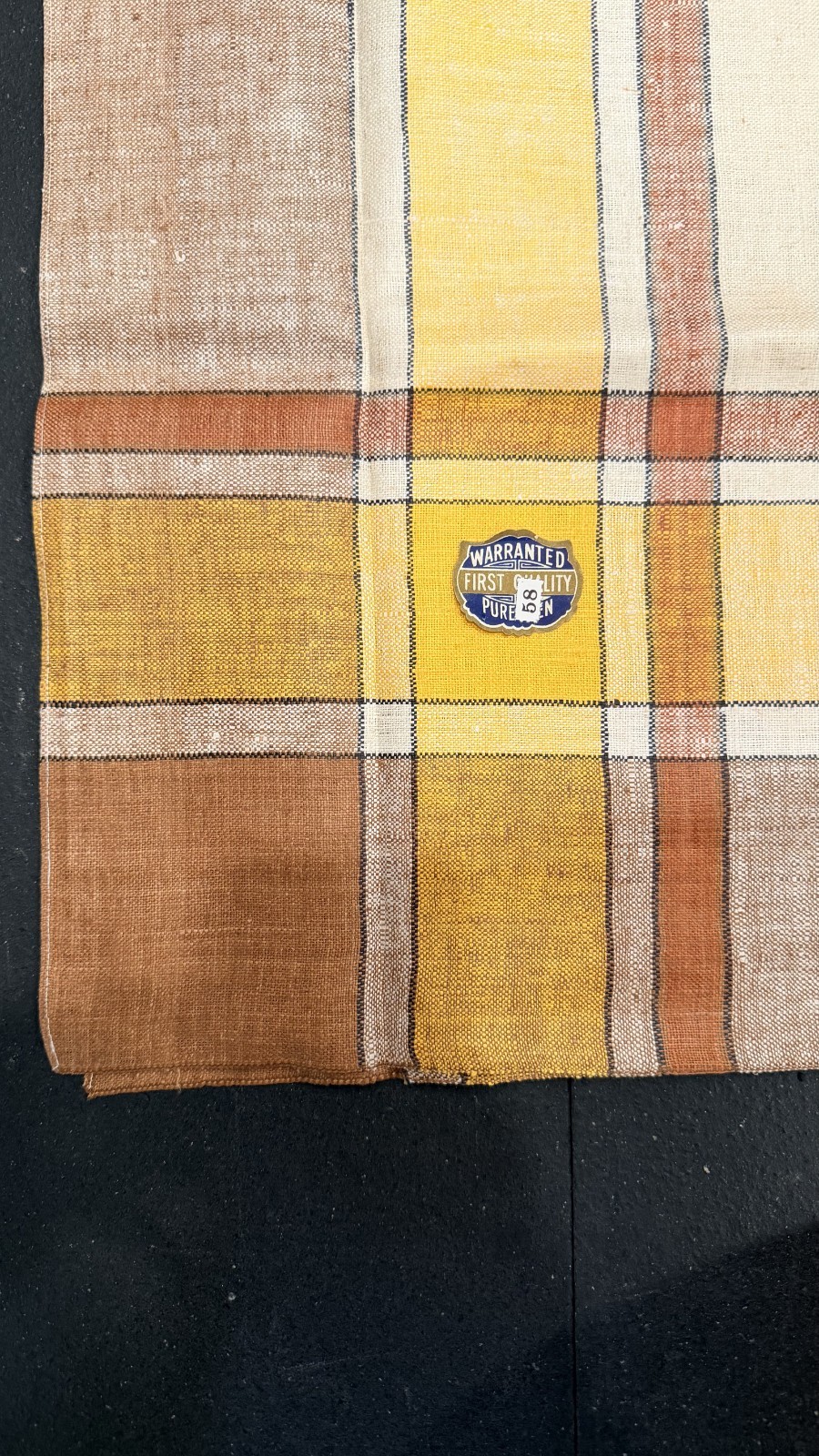 Vintage Pure Linen Tablecloth 58x54 Plaid Yellow Brown NOS Warranted Sticker Vintage Pure Linen Tablecloth 58x54 Plaid Yellow Brown NOS Warranted Sticker