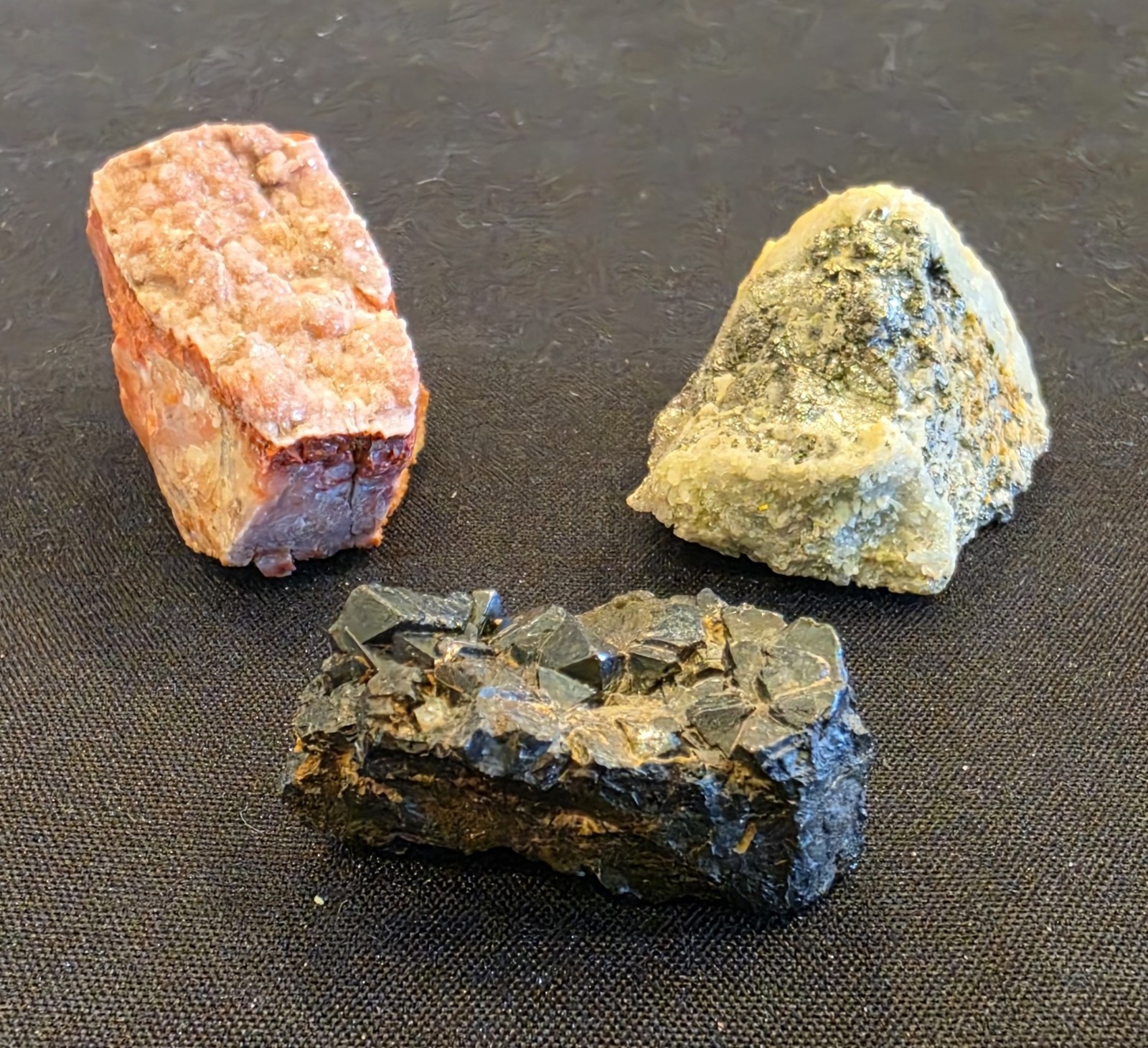 3 Lot Mixed Mineral Specimens, Pyrite, Magnetite And Orange Agate W/Pink Druzy