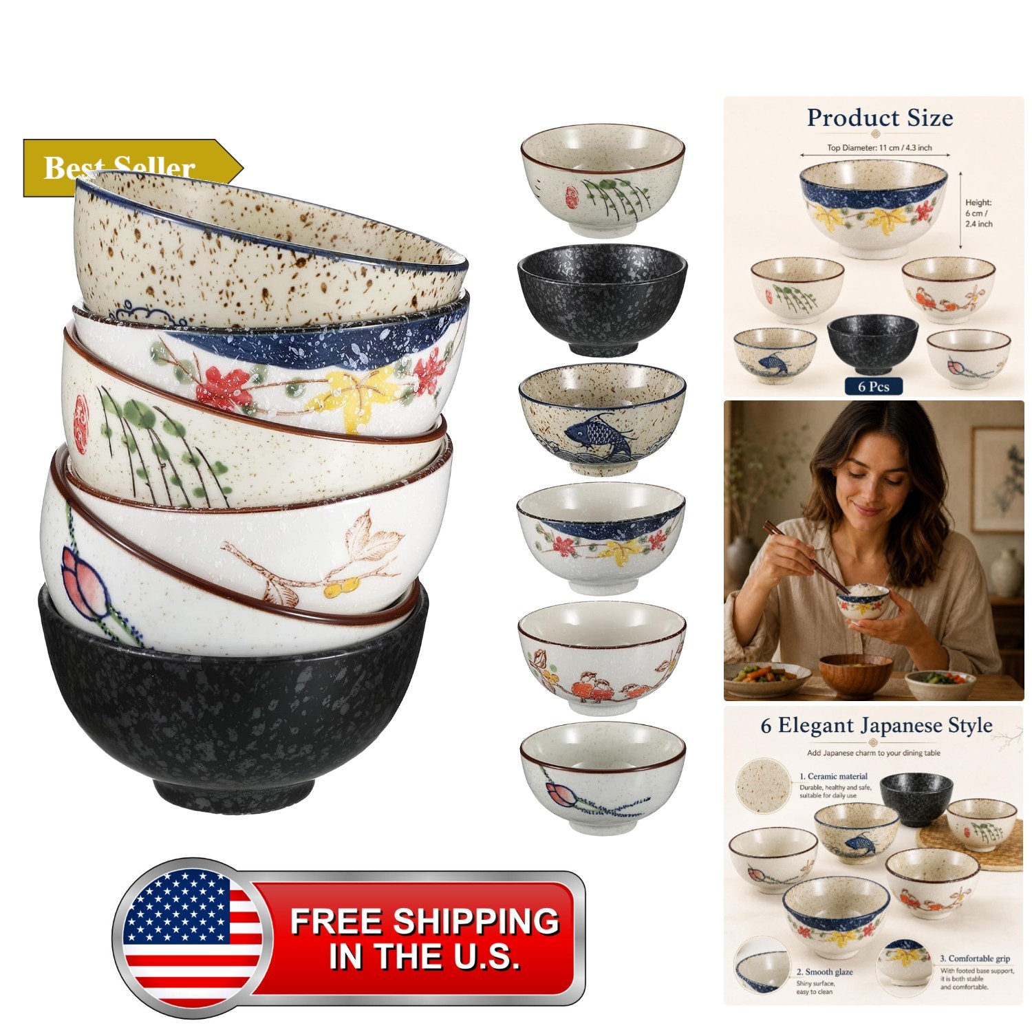 6 Pack Japanese Retro Rice Bowls Set 6 Pack Japanese Retro Rice Bowls Set