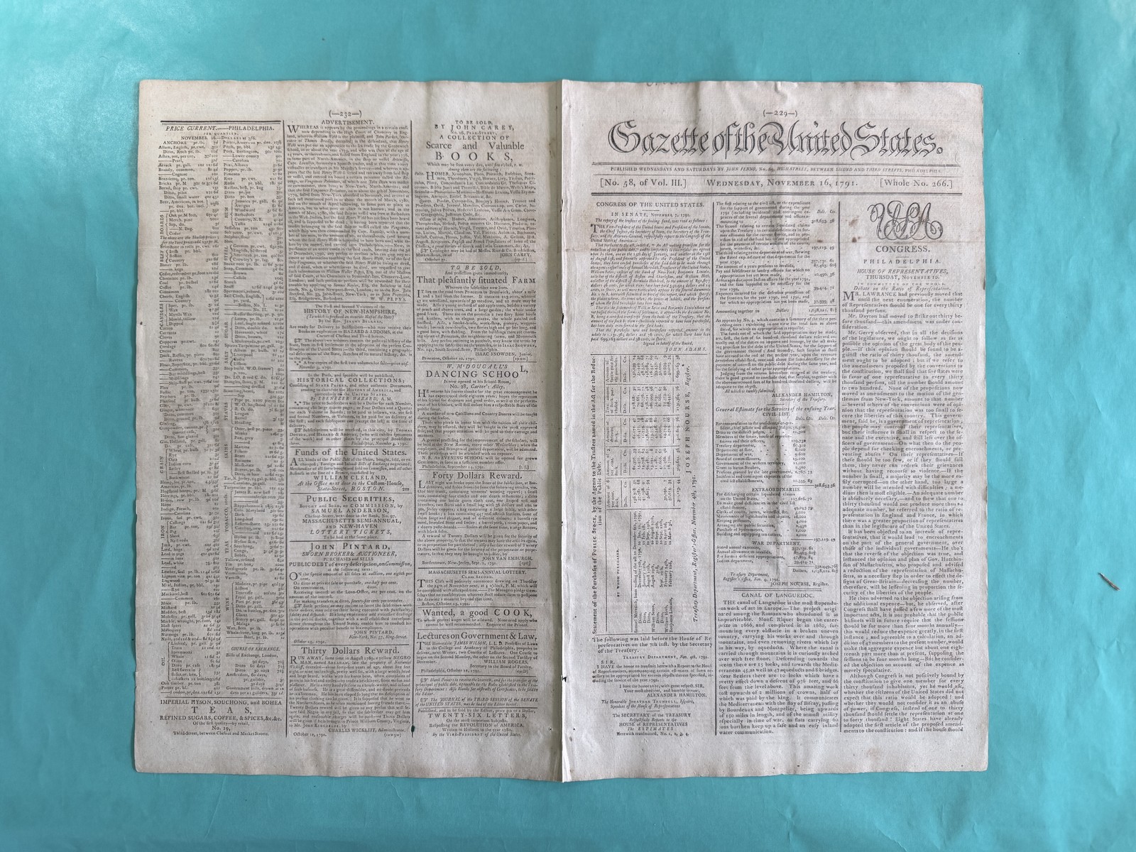 Nov 16, 1791 Gazette of US, JOHN ADAMS, HAMILTON, VA Appvl 1st Art. Bill Rights