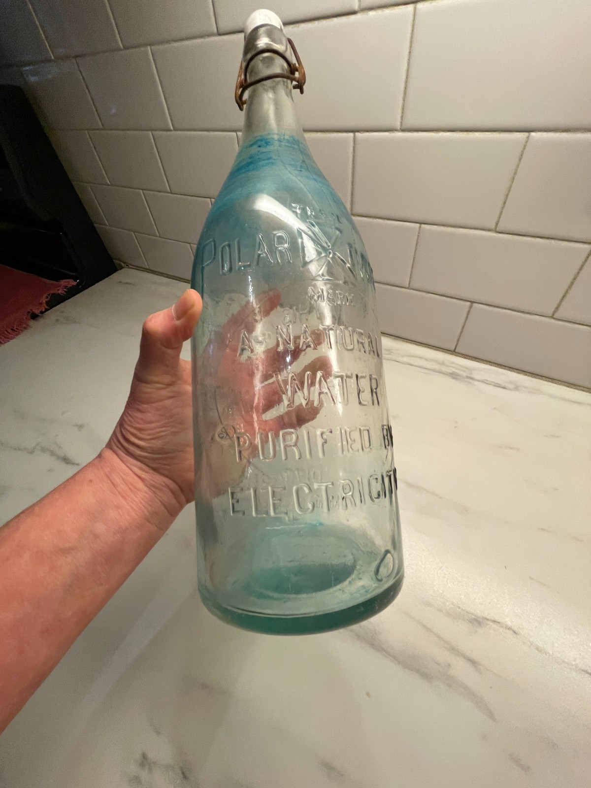 VTG Half Gallon  Polar Water Glass Bottle Red Cross Embossed Pittsburgh w/ bail