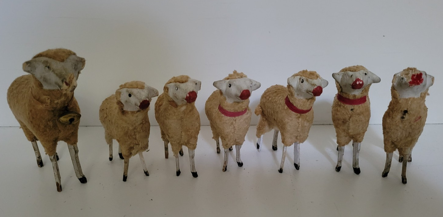 Antique Primitive Collection of 7 Wooly Sheep Putz House Animals Matchstick Legs