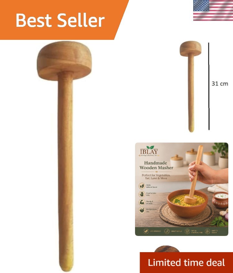 Durable Natural Wood Masher - Comfortable Handle for Easy Mixing & Churning