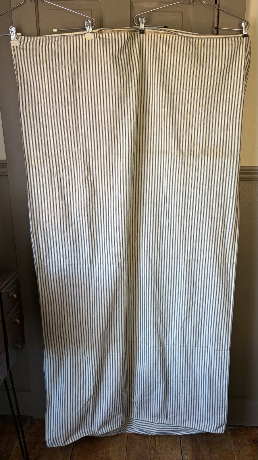 Vintage 1930s Blue White Ticking Stripe Mattress Cover Duvet 63.5”x35” Zipper
