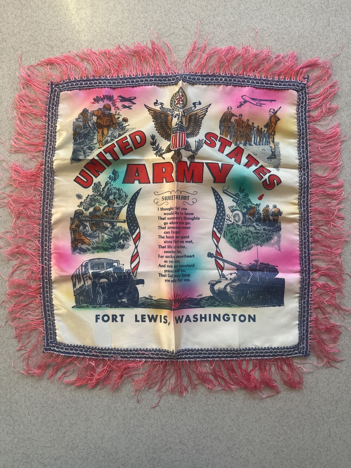 Original Vintage 1960s US Army Fort Lewis WA Souvenir Mother Pillowcase