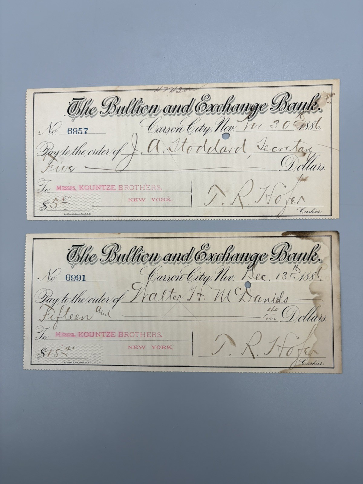 Lot of 2 1886 Carson City NV Bullion & Exchange Bank Check TR Hofer CC Mint Supt Lot of 2 1886 Carson City NV Bullion & Exchange Bank Check TR Hofer CC Mint Supt