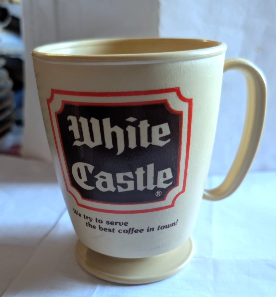 vintage plastic WHITE CASTLE coffee cup travel mug no lid