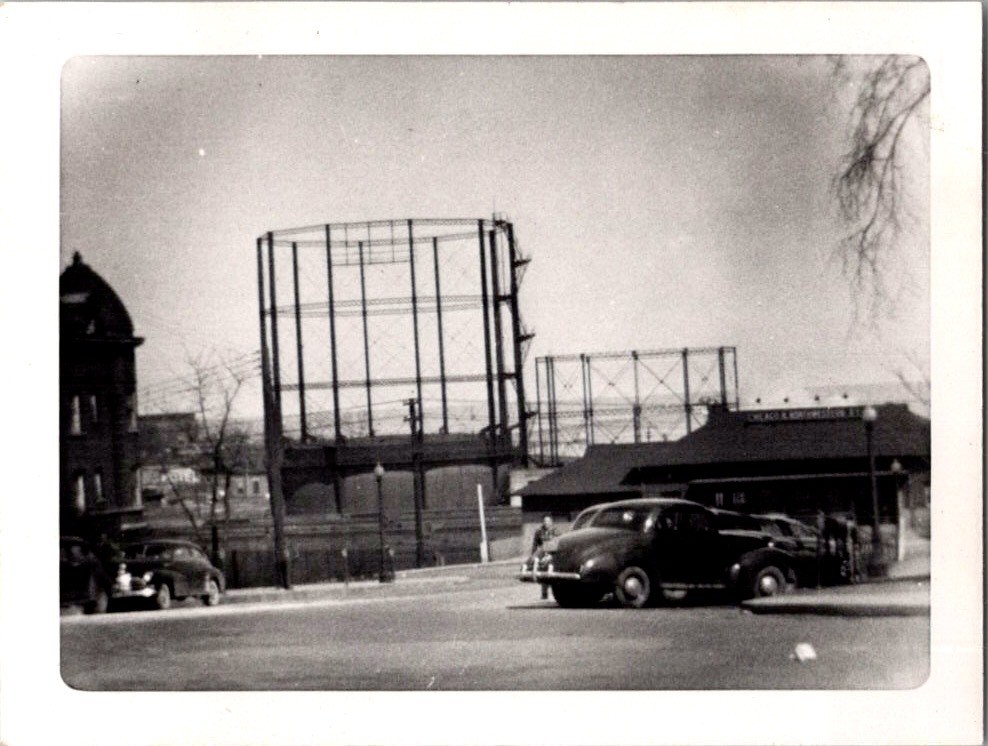 Vintage 1949 Waukegan IL Street Scene Photograph Gasometer Cars Chicago Sign B&W Vintage 1949 Waukegan IL Street Scene Photograph Gasometer Cars Chicago Sign B&W
