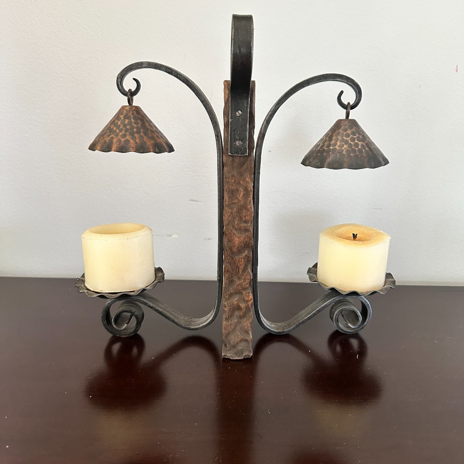 Vintage Candle Holder Stand Double Arm Hand Cast Iron Rustic Metal/ Wood