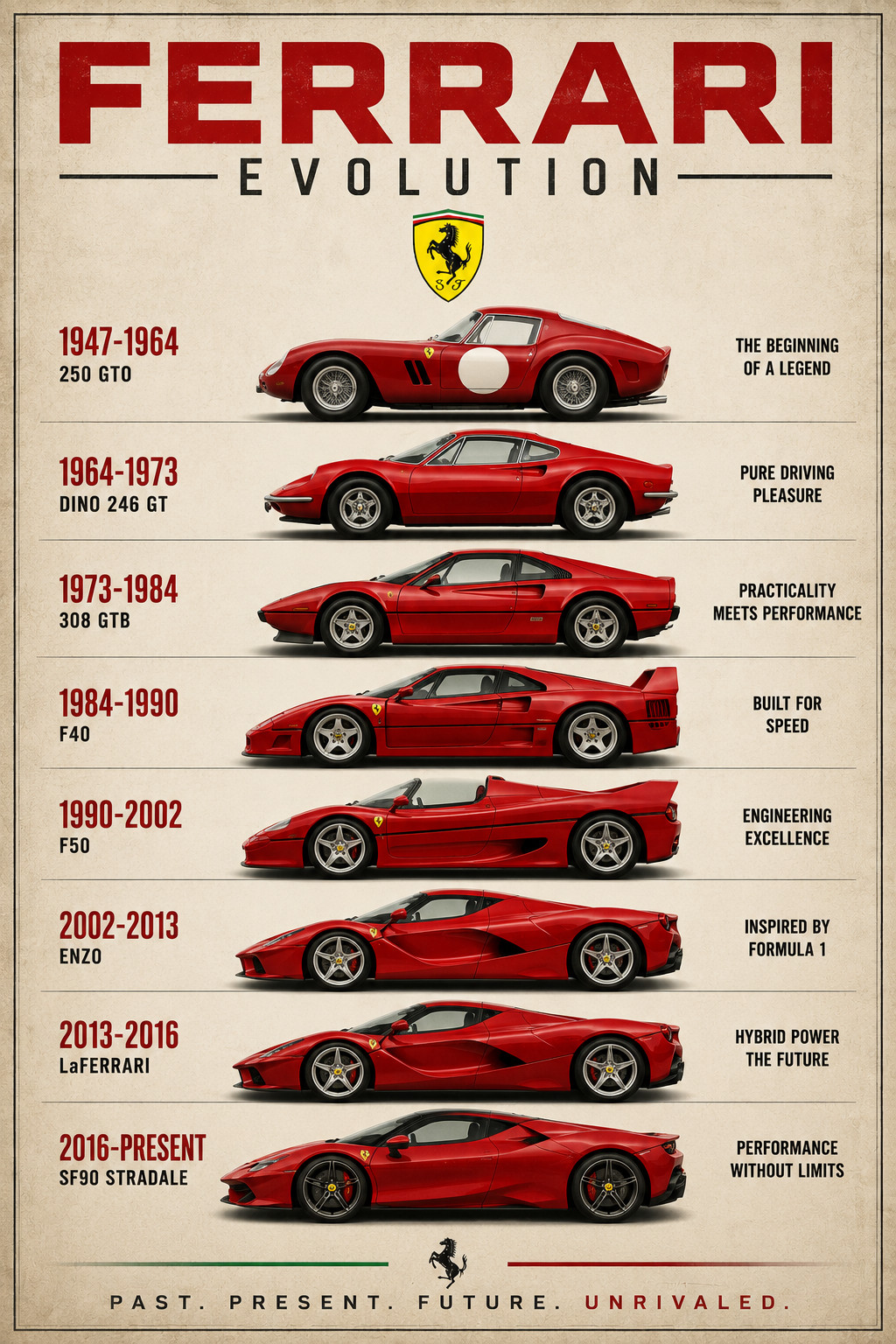 Ferrari Evolution Poster 1947–Present Supercar Timeline Print Poster 13x19 Ferrari Evolution Poster 1947–Present Supercar Timeline Print Poster 13x19