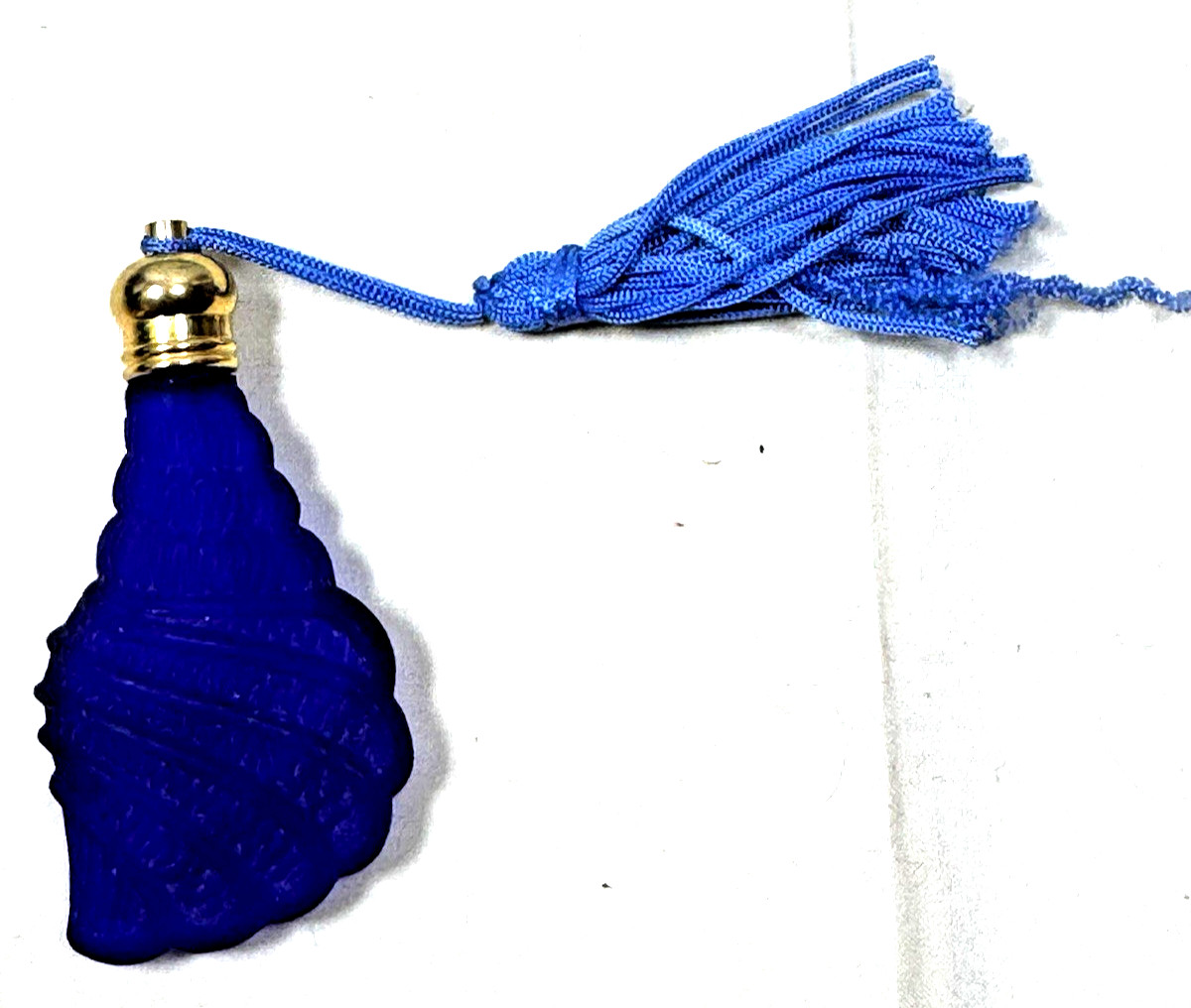 Vintage Cobalt Blue Glass Shell Perfume Bottle Flacon w Tassel Purse Size