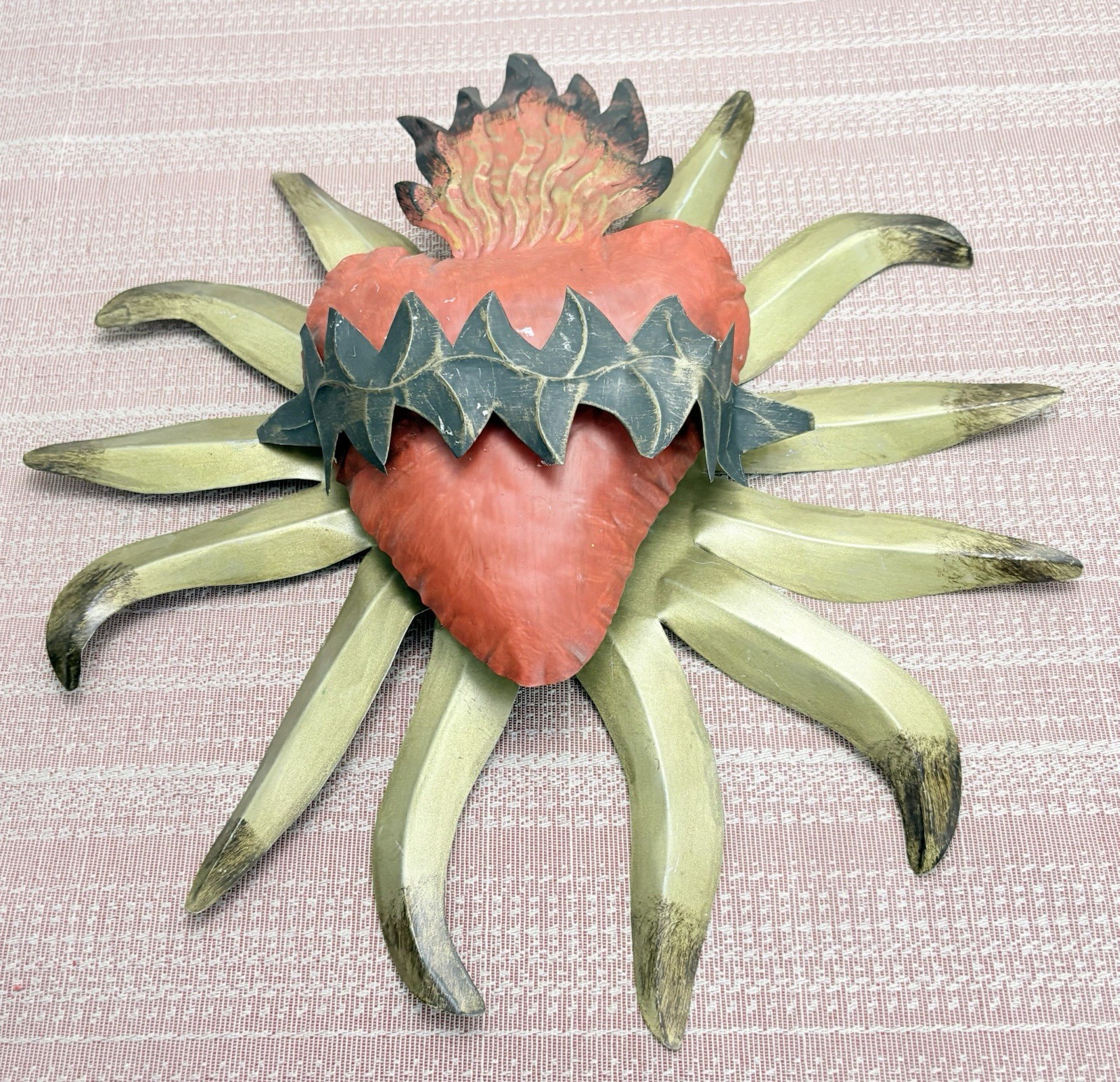 Mexican Folkart  Flaming Heart 3D Handmade Painted Tin Milagros 12. 5” X 12” C