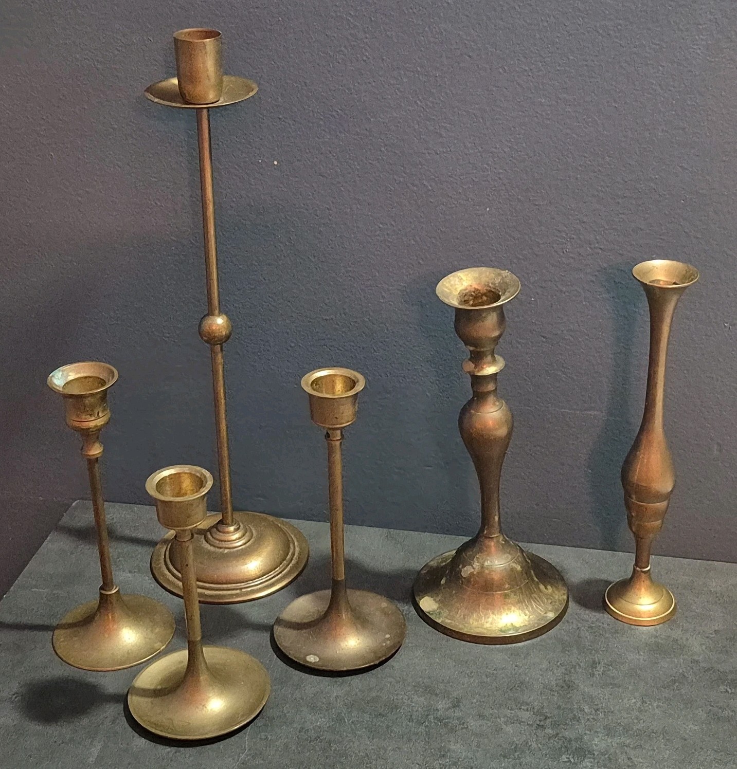 Lot of 6 Brass Candle Holders Set of Mixed Sizes, Shapes & Bases 5 Lot of 6 Brass Candle Holders Set of Mixed Sizes, Shapes & Bases 5