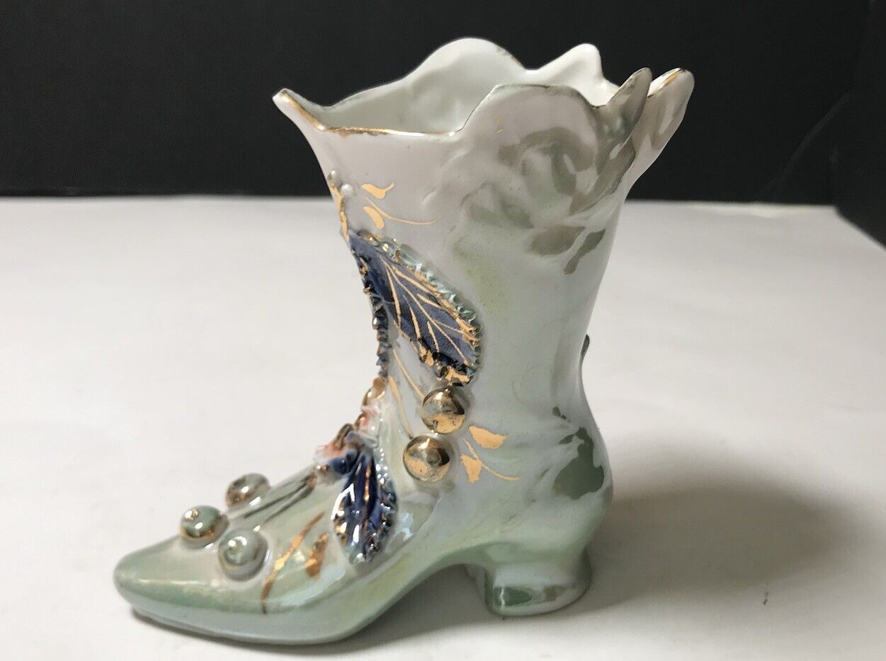 Germany Porcelain Boot Shoe Gilt Gold Green Blue Flowers Boot Vase