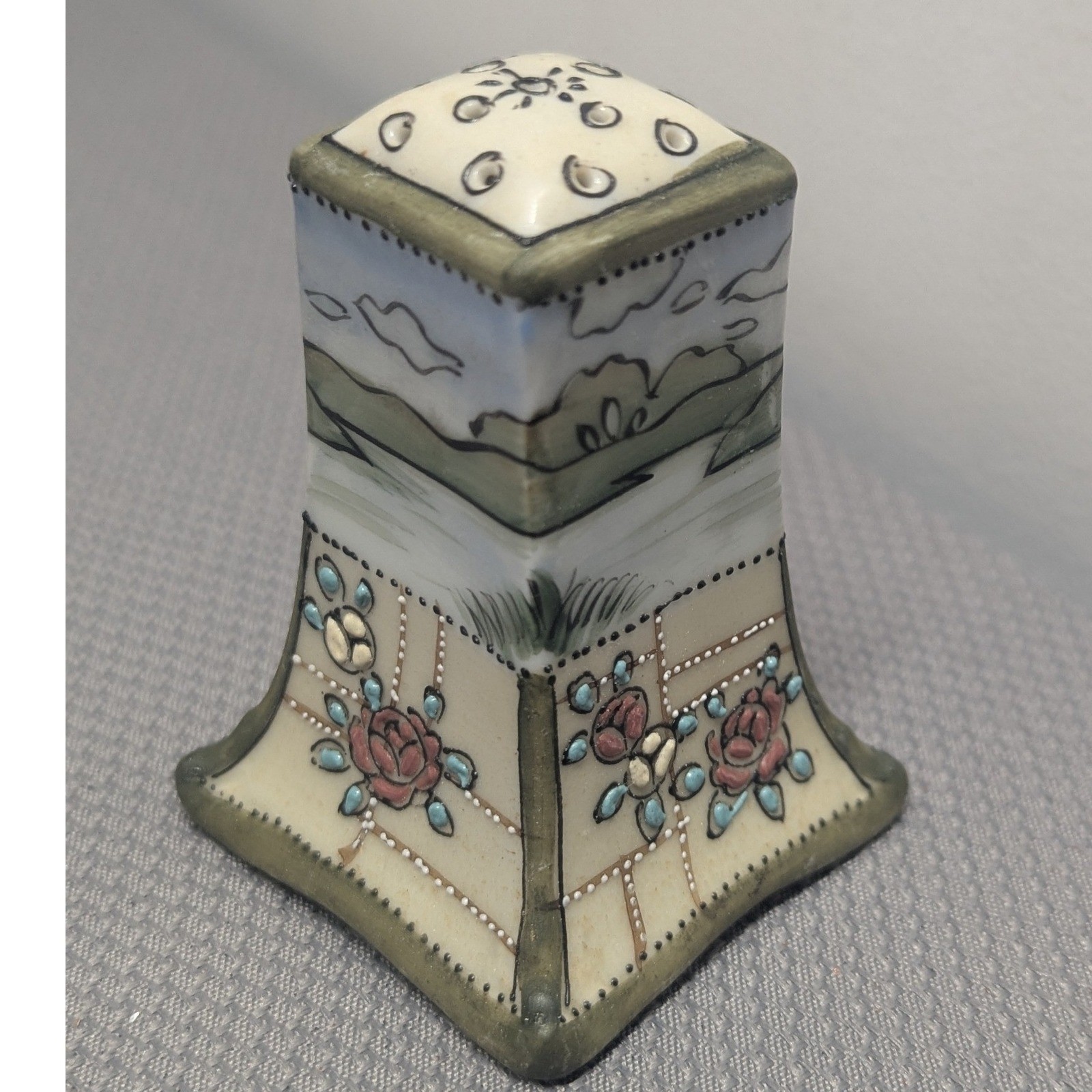 Antique Nippon Hand Painted Moriage Floral Landscape Porcelain Salt Shaker Japan