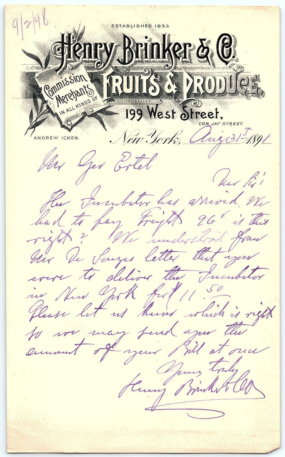 Vintage 1898 Henry Brinker & Co. Fruits & Produce Letterhead