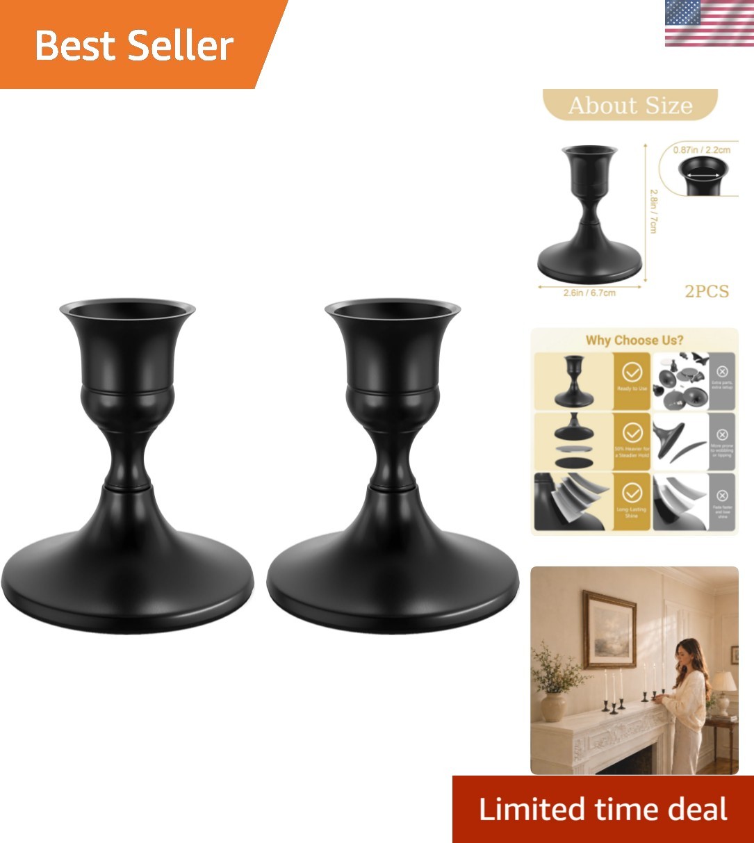 Elegant Black Taper Candle Holders for Home Decor, Set of 2