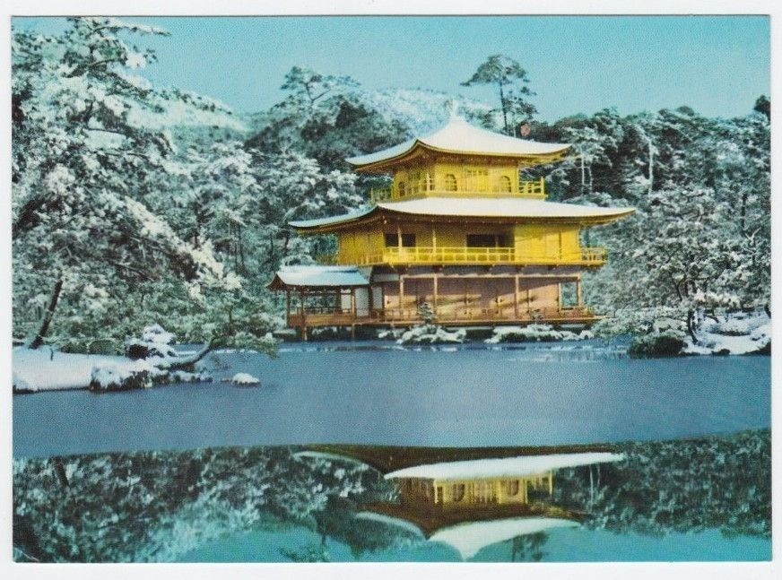 Kyoto Japan Kinkakuji Temple Golden Pavilion Snow Vintage Postcard Unused Chrome