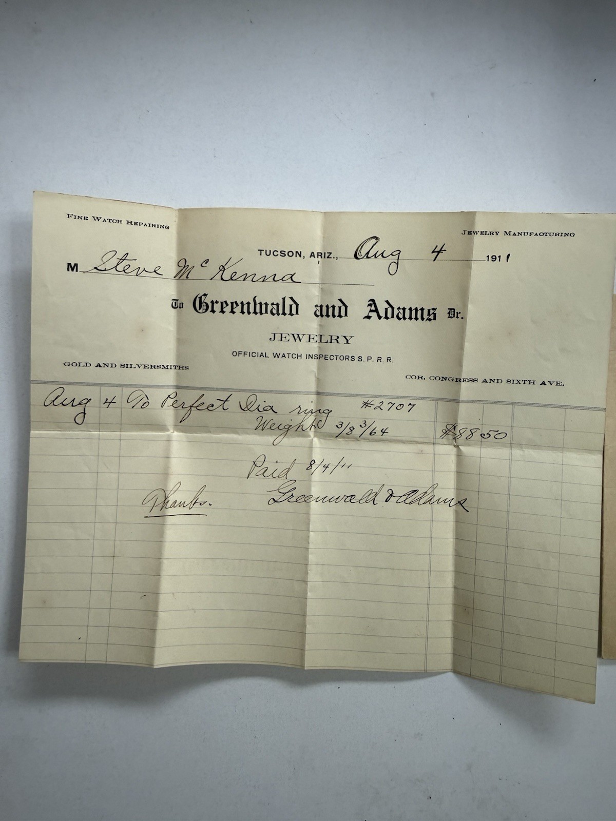 1911 Tucson Arizona Jewelry Receipt Greenwald Adams Railroad Ephemera