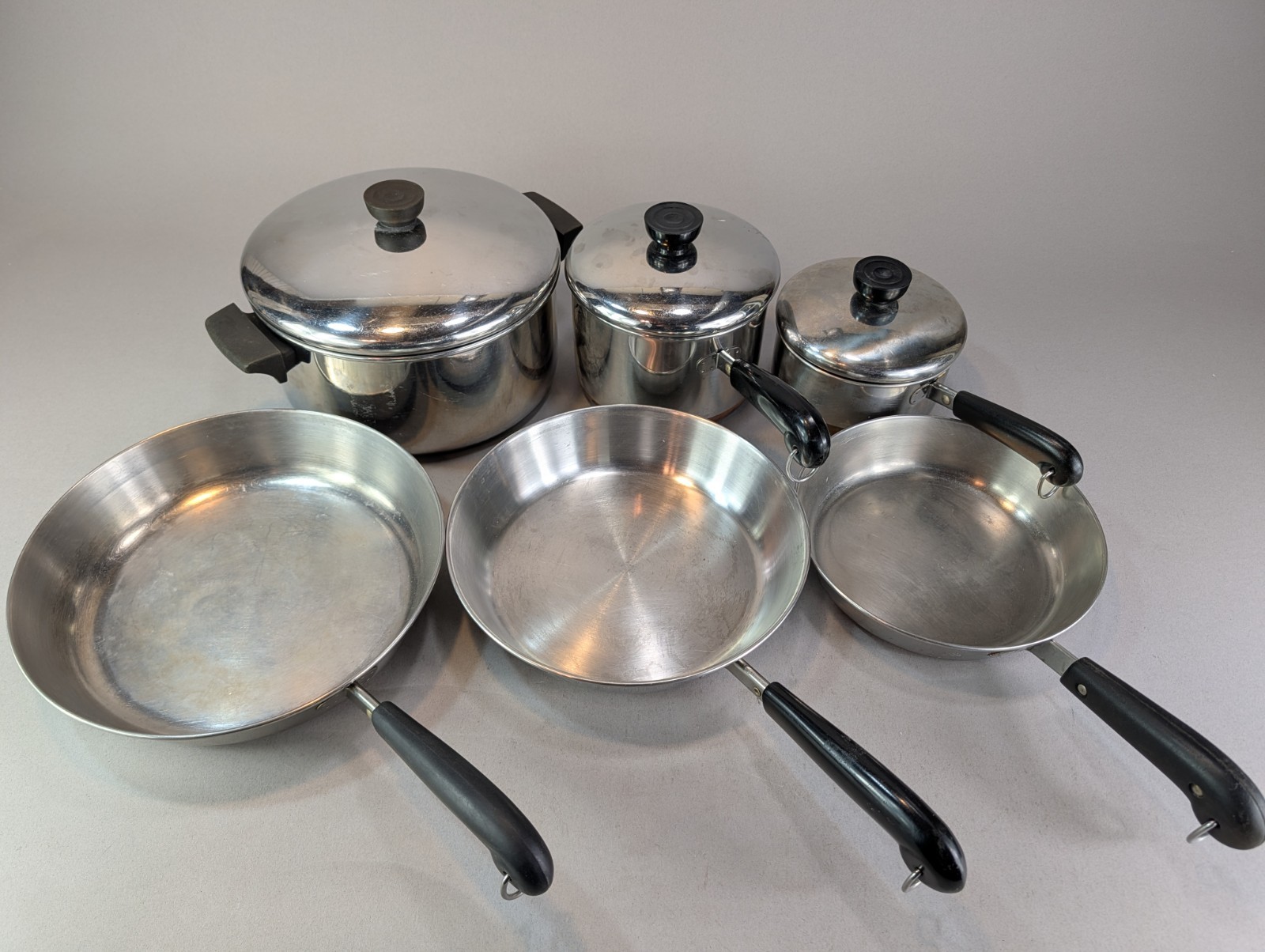 ​Vintage Revere Ware Copper Bottom Cookware Set Lot of 9 Pcs Pots, Pans & Lid