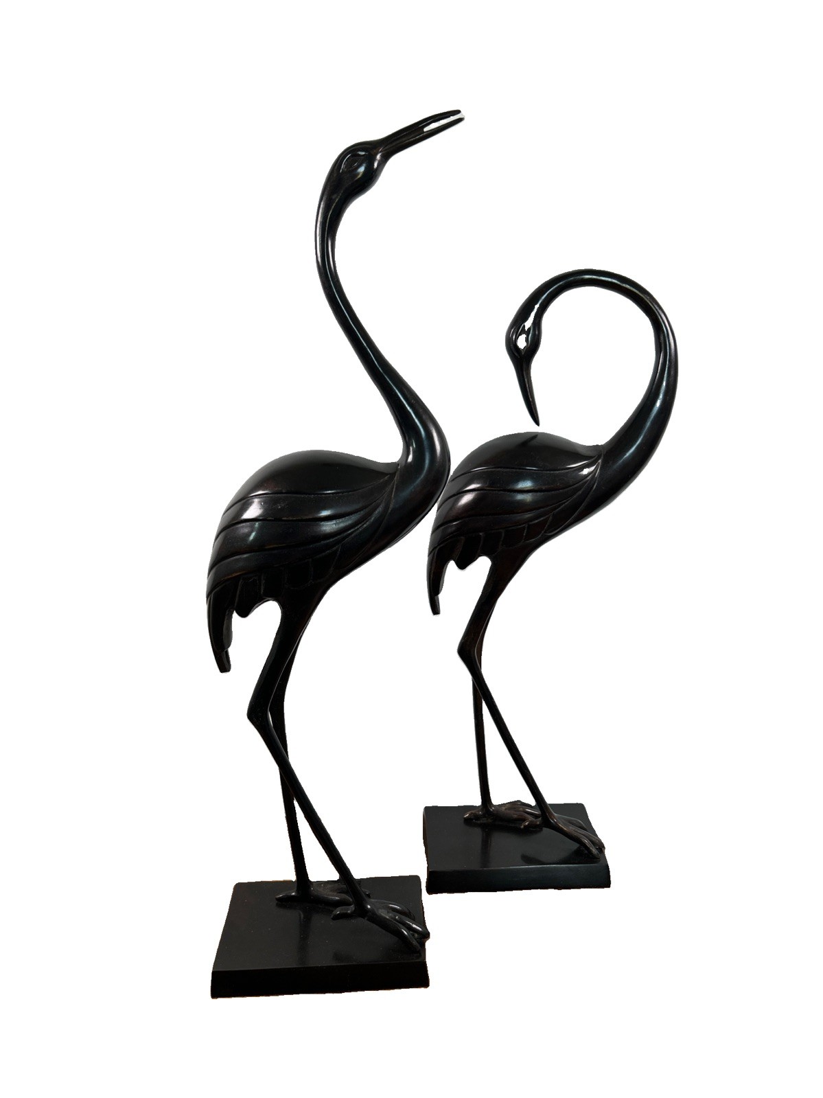Vintage Bombay Bronze Crane Heron Bird Statues Pair Marble Base India Art Decor