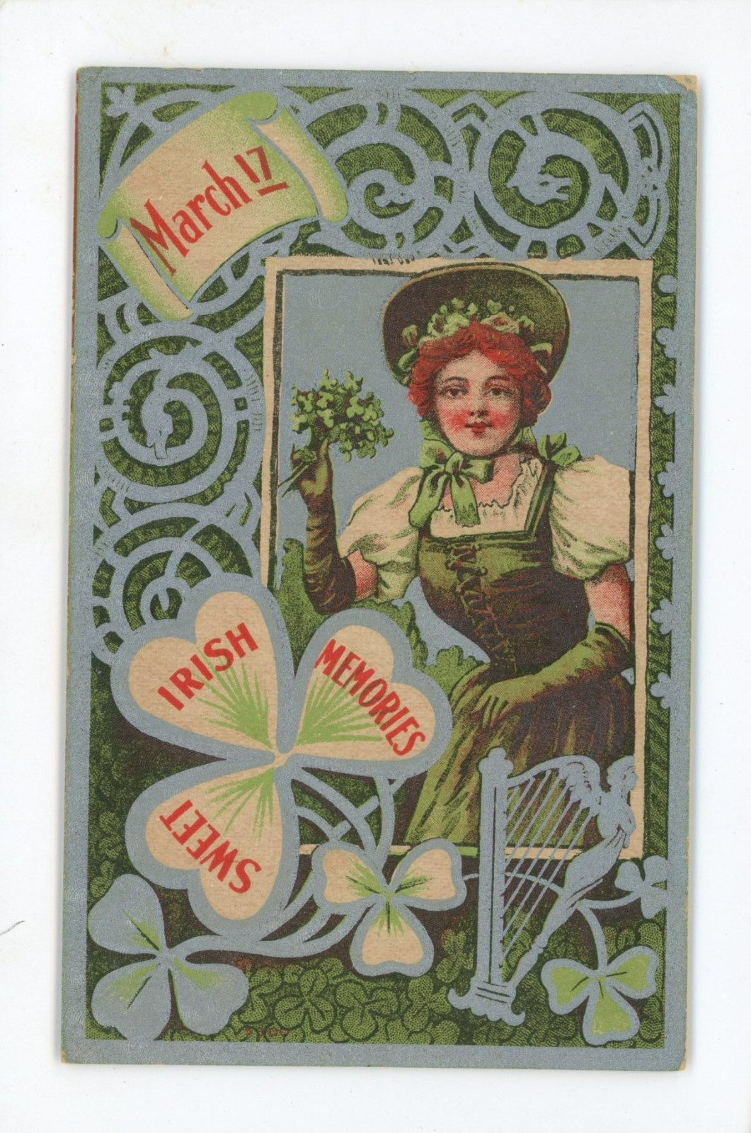 Vintage Postcard Holiday St Patrick\'s Woman Sweet Memories Unposted Shamrocks