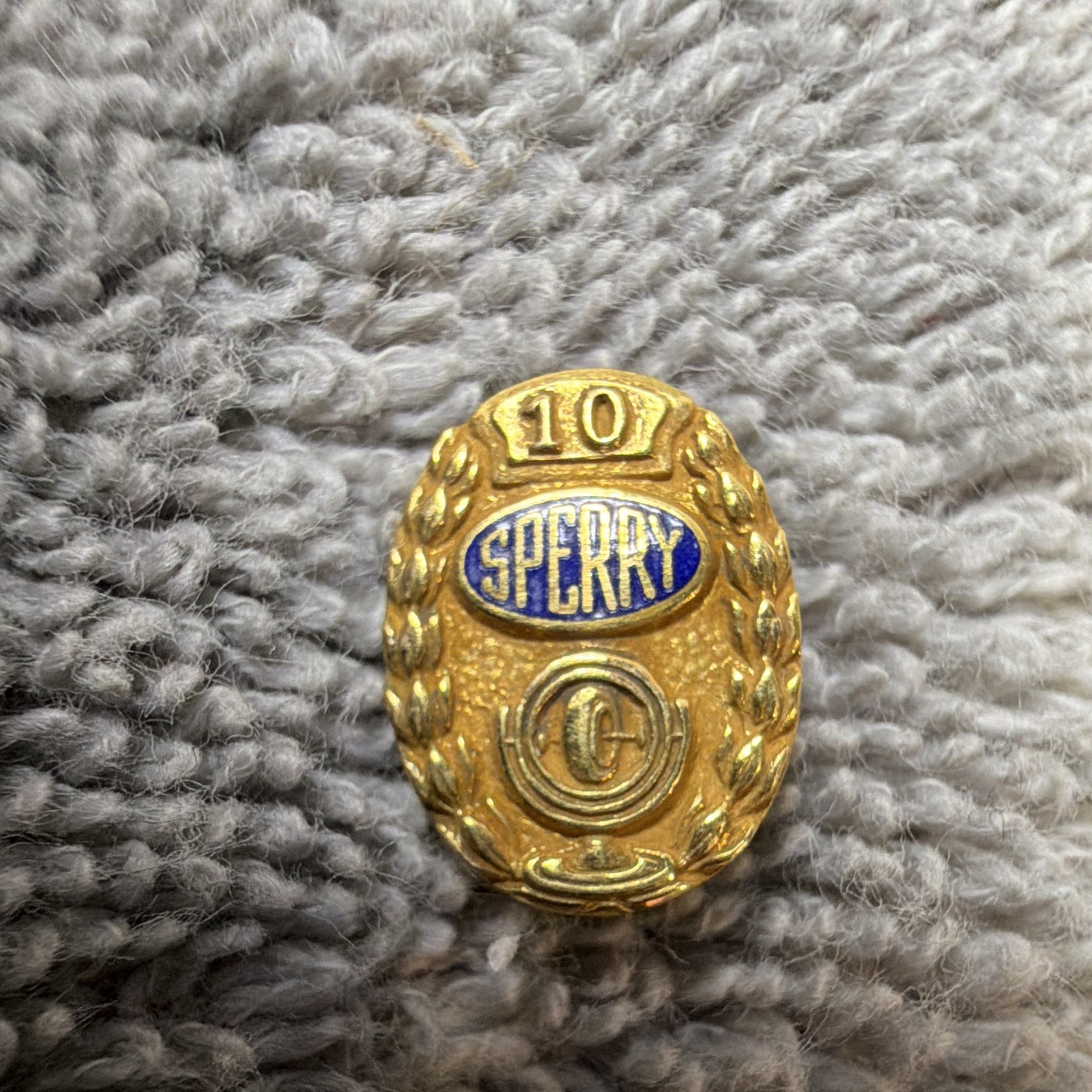 Sperry 10 Award Pinback Lapel Pin Gold Tone Blue Enamel Marked A1 10K