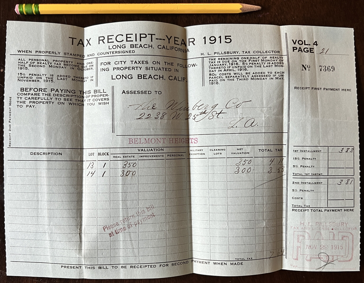 1915 LONG BEACH CALIFORNIA PROPERTY TAX COLLECTOR BILL FIRST NATIONAL BANK