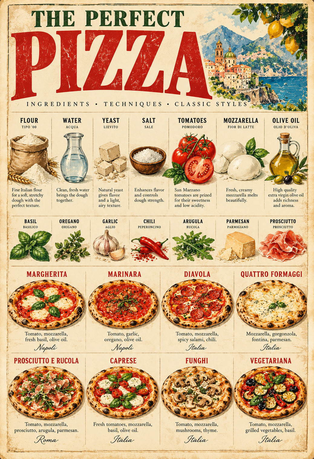 The Perfect Pizza Vintage Italian Food Chart Kitchen Wall Art Poster 13x19