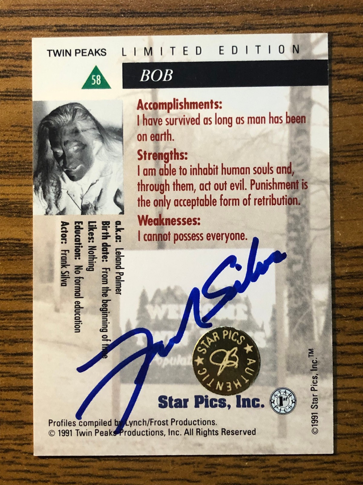 1991 Star Pics Twin Peaks FRANK SILVA Killer Bob Autographed card VERY RARE 1991 Star Pics Twin Peaks FRANK SILVA Killer Bob Autographed card VERY RARE