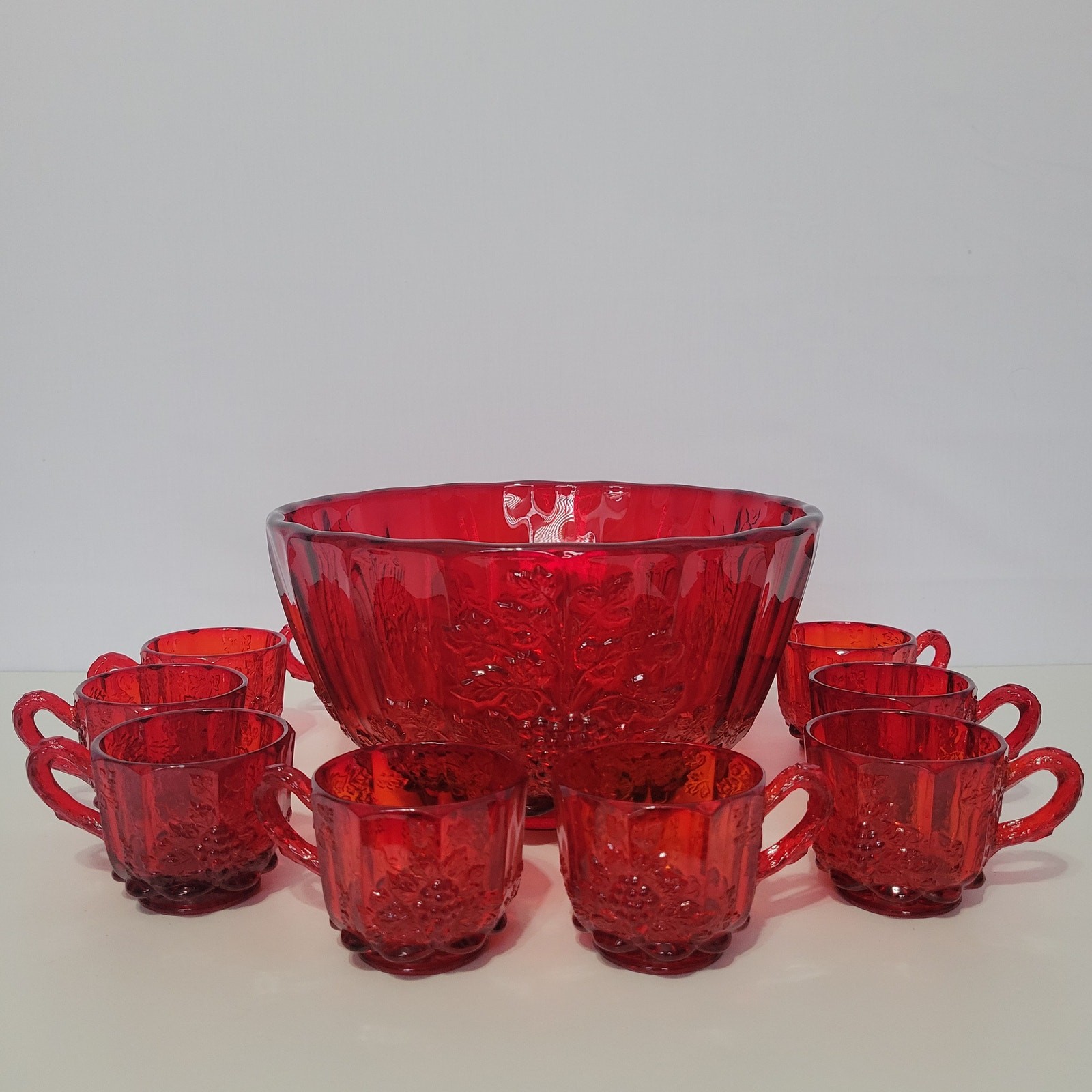 Vintage L.G. Wright Glass Ruby Red Paneled Grape Punch Bowl and 11 Cups