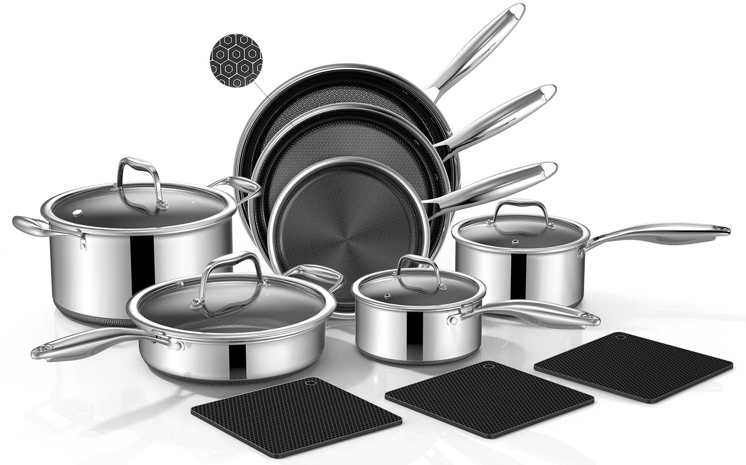 Yoehka 14-Piece Hybrid Stainless Steel Cookware Set with 3 14Piece, Silver Yoehka 14-Piece Hybrid Stainless Steel Cookware Set with 3 14Piece, Silver