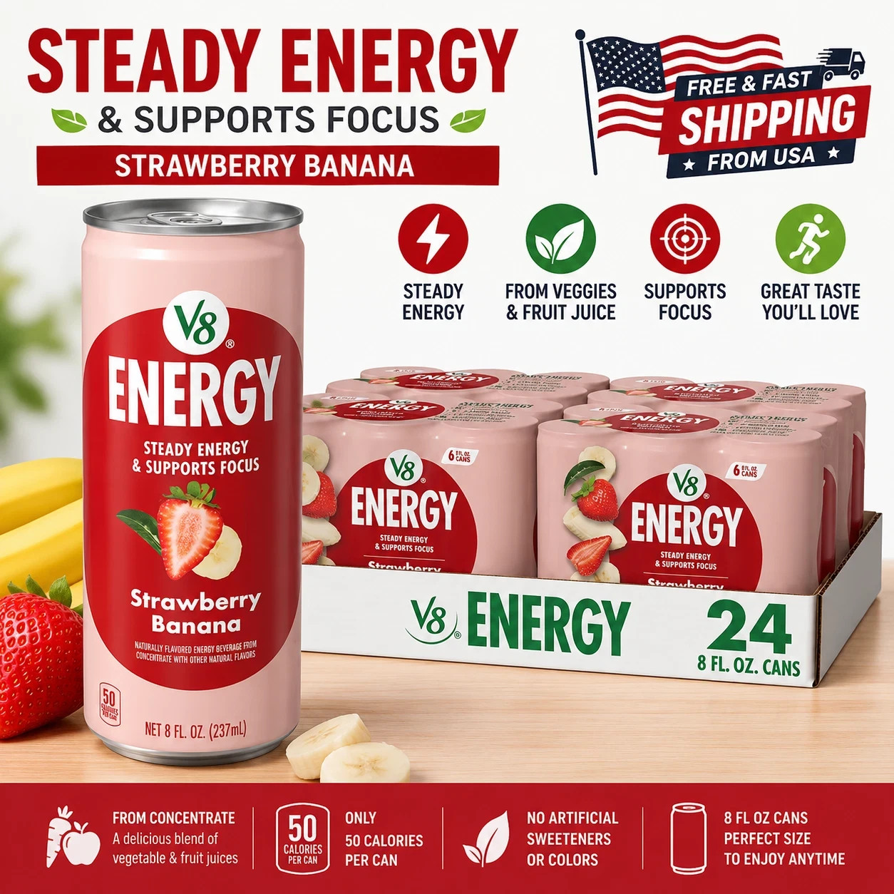 V8 +Energy Strawberry Banana Juice Energy Drink, 8 fl oz Can (24 Pack)
