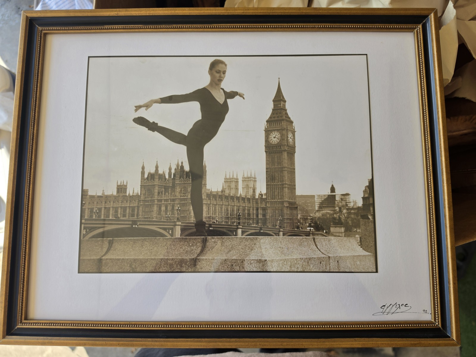 Vintage 1992 Black & White Photograph Ballerina at Big Ben London Signed Angelos